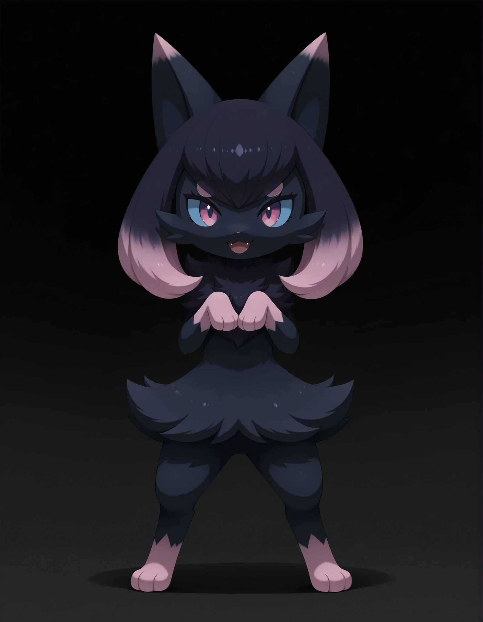 Noxmauve, slvrfxstyleil,, silverfox5213, (solo:1.3),
digital_media_(artwork), digital_painting_(artwork), full-length_portrait, painting_(artwork), portrait, shaded, soft_shading,, smile, open_mouth, pink_eyes, simple_background, black_hair, standing, full_body, pink_hair, multicolored_hair, fang, hands_up, pokemon_\(creature\), black_background, black_fur, blue_sclera, highlights_(coloring), gradient_hair,,