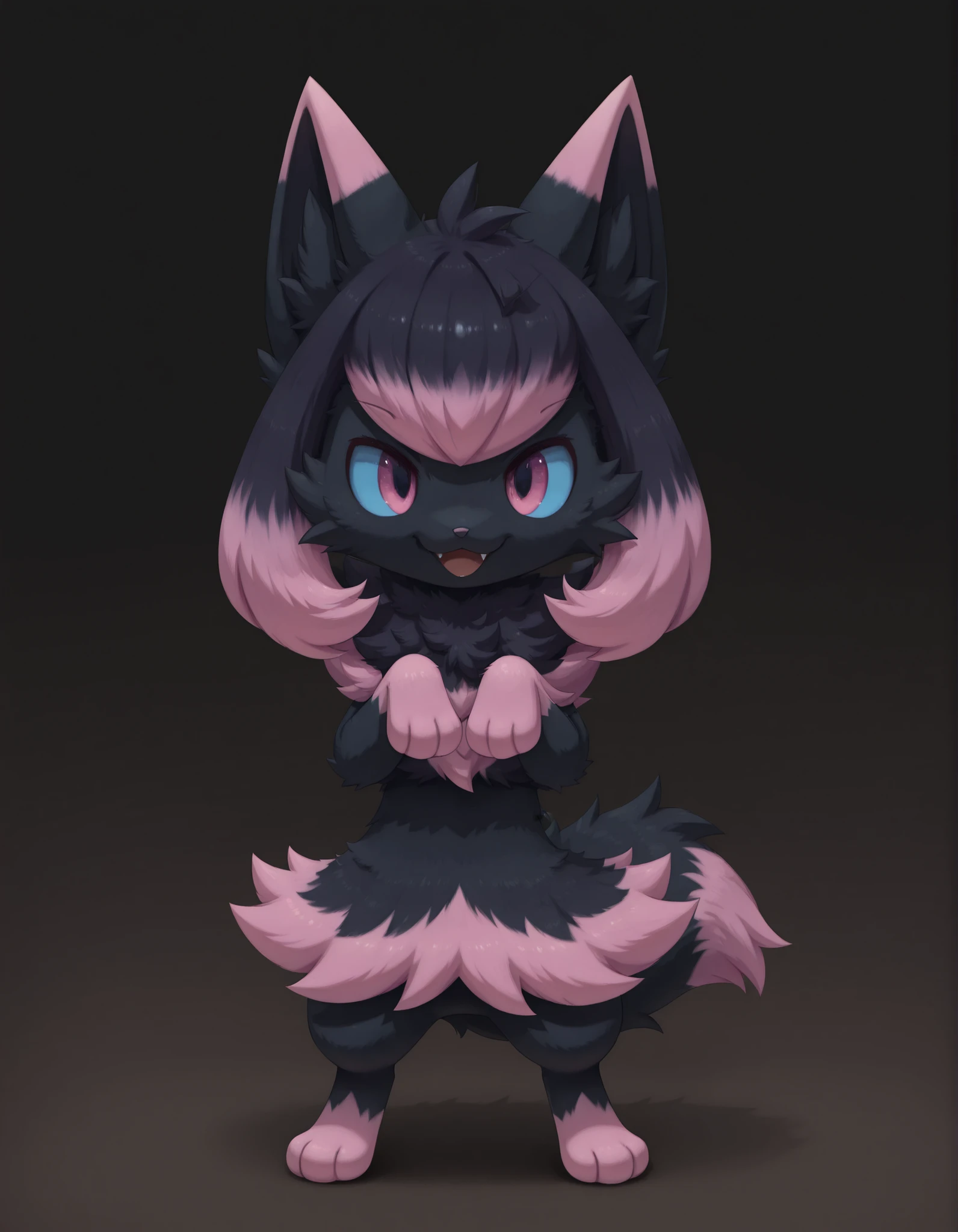 Noxmauve, slvrfxstyleil,, silverfox5213, (solo:1.3),
digital_media_(artwork), digital_painting_(artwork), full-length_portrait, painting_(artwork), portrait, shaded, soft_shading,, smile, open_mouth, pink_eyes, simple_background, black_hair, standing, full_body, pink_hair, multicolored_hair, fang, hands_up, pokemon_\(creature\), black_background, black_fur, blue_sclera, highlights_(coloring), gradient_hair,,