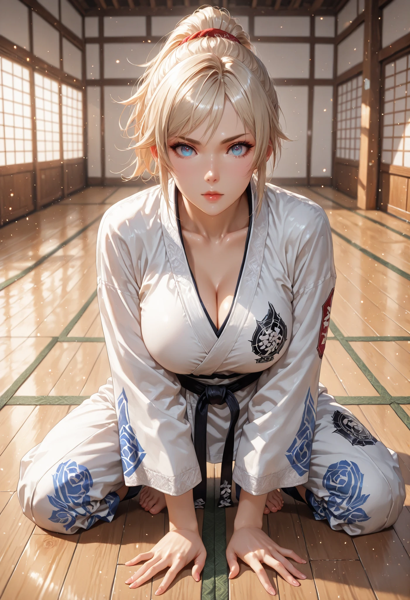lidia sobieska, lidia sobieska \(tekken\), high definition eyes, detailed eyes, high gradient eyes, eyesHD. 1 girl, solo, full body view, beautiful face, blue eyes, blonde hair, anatomically accurate ratio, large breasts, (best quality, 4k, 8k, high resolution, masterpiece: 1.2), ultra-detailed, the girl looks into the viewer, beautiful detailed lips, detailed face, complex details, warm lighting, soft colors, delicate skin, detailed background. The girl in a fighting stance, and her penetrating gaze is filled with determination. A Japanese dojo with wooden floors, tatami mats, and demonic Japanese statues in the corners. Masterpiece, best quality, vibrant, very aesthetic, high contrast, semrealistic, newest, Perfect shadows, correct lighting.
