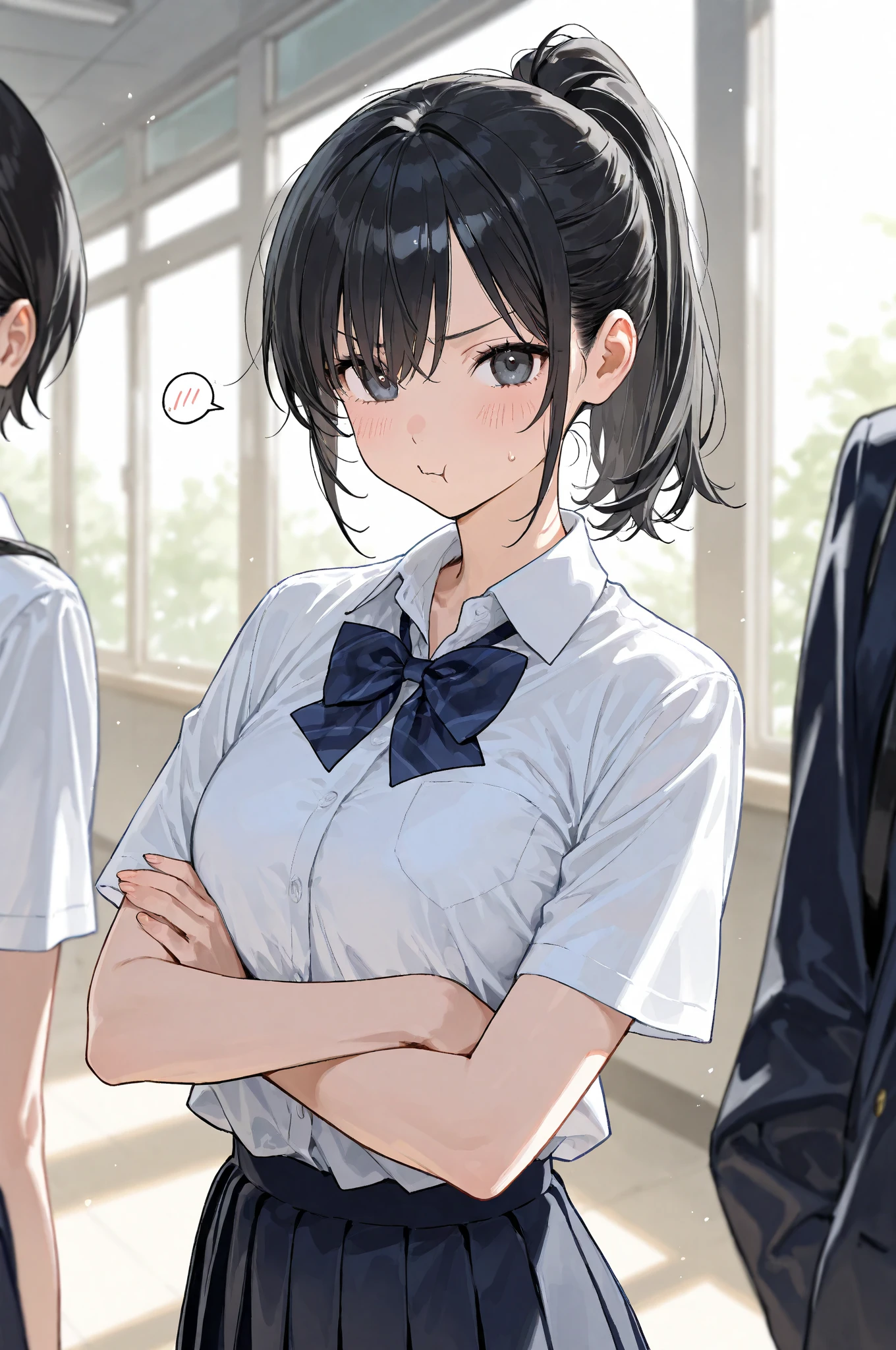 (masterpiece:1.2),(best quality:1.2),(masterpiece, best quality, ultra-high resolution), (1girl), (1 character), A girl angry and surprise, (male school uniform) male  pants, oversize clothes, tomboy, short hair, black hair, silver eyes