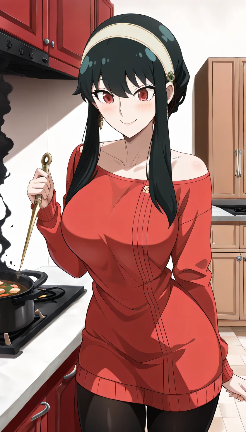 {{{masterpiece}}}, (best quality:1.5), (ultra-detailed:1.5), {illustration}, {{an extremely delicate and beautiful}}, (beautiful detailed eyes:1.6), absurdres, highres, extremely detailed face, 16k, hd, visual anime de uma jovem mulher, extremamente bonito rosto de anime, anime melhor garota, (perfect hands, perfect anatomy), (five fingers:1.1), anime face, Yor Forger(Spy x Family), yor briar, yorfor, 1girl, solo, cute face, black hair, short hair with long locks, sidelocks, asymmetrical bangs, (red eyes:1.4), narrow chin, large breasts, big hips, curvaceous, BREAK, white hairband, gold earrings, off shoulder, clavicle, red sweater, tight sweater, long sleeves, black pantyhose, BREAK, cowboy shot, smiling, cook, food on pot, have a knife, (black smoke from the pot:1.2), indoor, kitchen,oven, stove, refrigerator, cabinet, table, in a kitchen standing