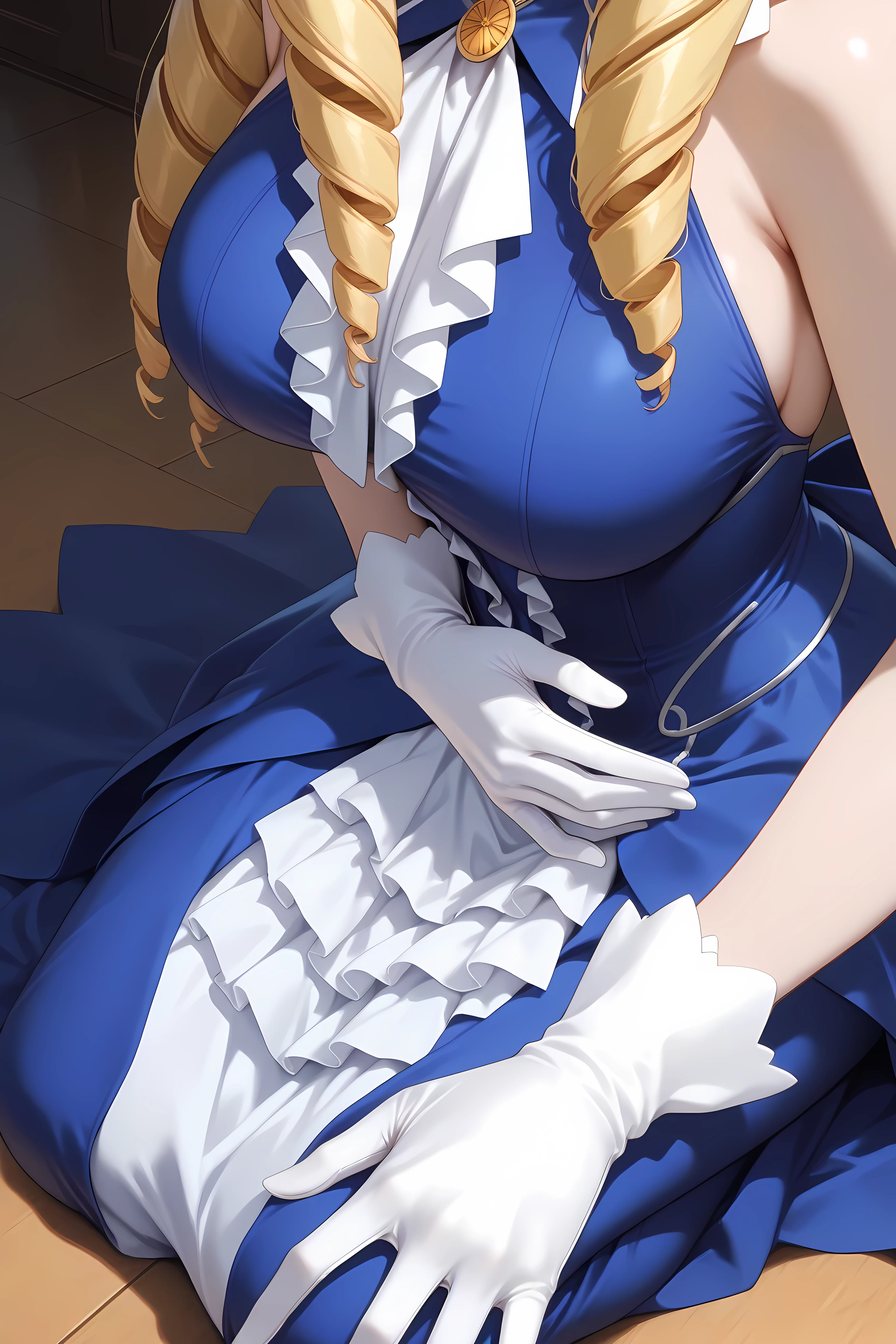 gloves, dress, frills, white gloves, blue dress,,luviagelita edelfelt, long hair, blonde hair, drill hair, large breasts, from side, side pov,
close up, close up to stomach, feet out of frame, eyes out of frame,
solo, general, masterpiece, highres, ultra-detailed, hyper-detailed, best quality, amazing quality, very aesthetic, best hands, best eyes, best hand, sitting on floor, seiza sitting,, hand on stomach, tensed body,