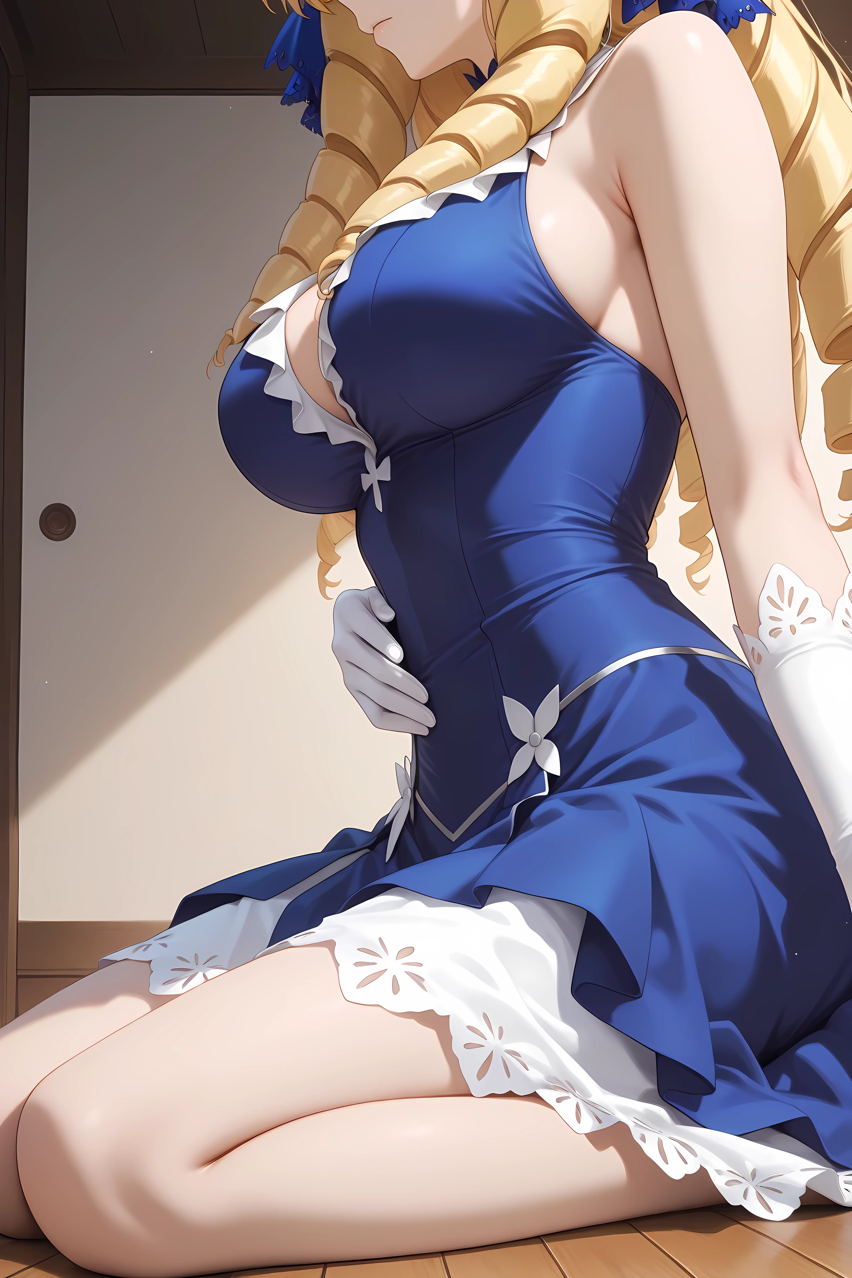 gloves, dress, frills, white gloves, blue dress,,luviagelita edelfelt, long hair, blonde hair, drill hair, large breasts, from side, side pov,
close up, close up to stomach, feet out of frame, eyes out of frame,
solo, general, masterpiece, highres, ultra-detailed, hyper-detailed, best quality, amazing quality, very aesthetic, best hands, best eyes, best hand, sitting on floor, seiza sitting,, hand on stomach, tensed body, wooden floor,