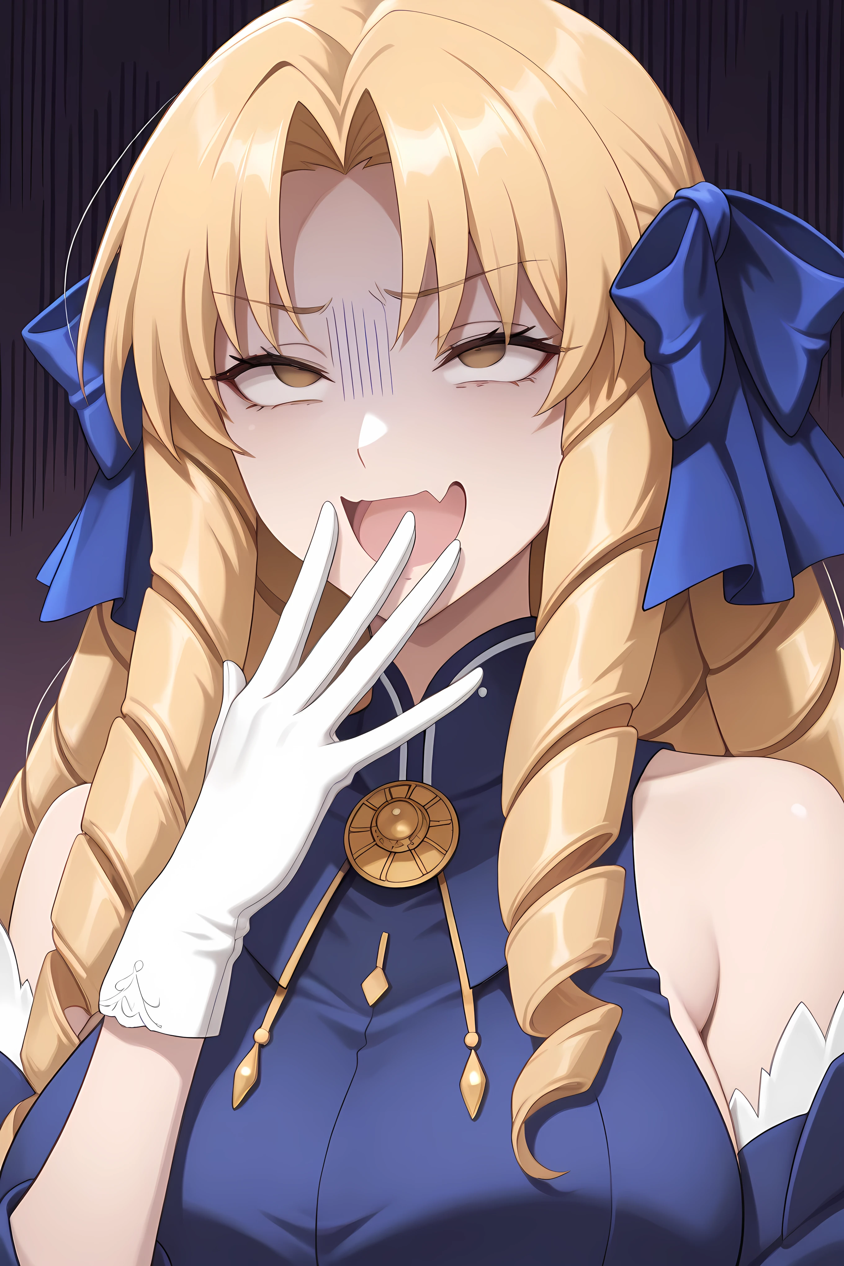 luviagelita edelfelt, long hair, brown eyes, hair bow, blonde hair, drill hair, large breasts,,gloves, dress,frills, white gloves, blue dress,
<lora:ojou-sama-pose-ponyxl-lora-nochekaiser:1>, ojou-sama pose, laughing, smug, hand to own mouth, open mouth, ,turn pale,gloom_(expression),
surprised, blank eyes, open mouth,,
close up, close up to face,
solo, general, masterpiece, highres, ultra-detailed, hyper-detailed, best quality, amazing quality, very aesthetic, best hands, best eyes, best hand,
adult woman, 1woman,