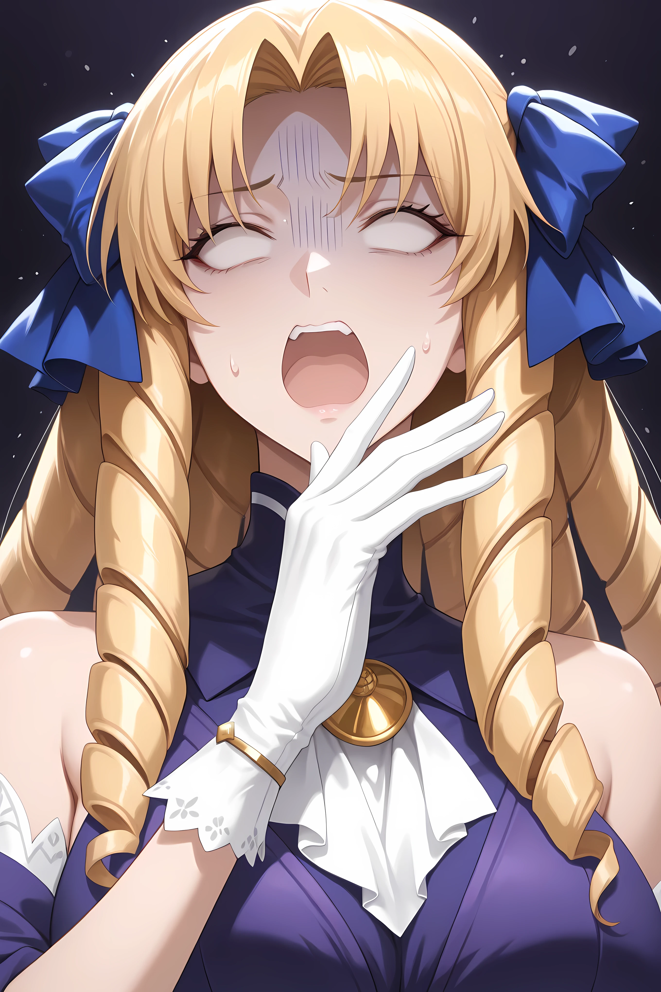 luviagelita edelfelt, long hair, brown eyes, hair bow, blonde hair, drill hair, large breasts,,gloves, dress,frills, white gloves, blue dress,

<lora:ojou-sama-pose-ponyxl-lora-nochekaiser:1>, ojou-sama pose, hand to own mouth, open mouth, ,turn pale,gloom_(expression),

surprised, blank eyes, open mouth,,

close up, close up to face, 

solo, general, masterpiece, highres, ultra-detailed, hyper-detailed, best quality,  amazing quality, very aesthetic, best hands, best eyes, best hand,
adult woman, 1woman,
