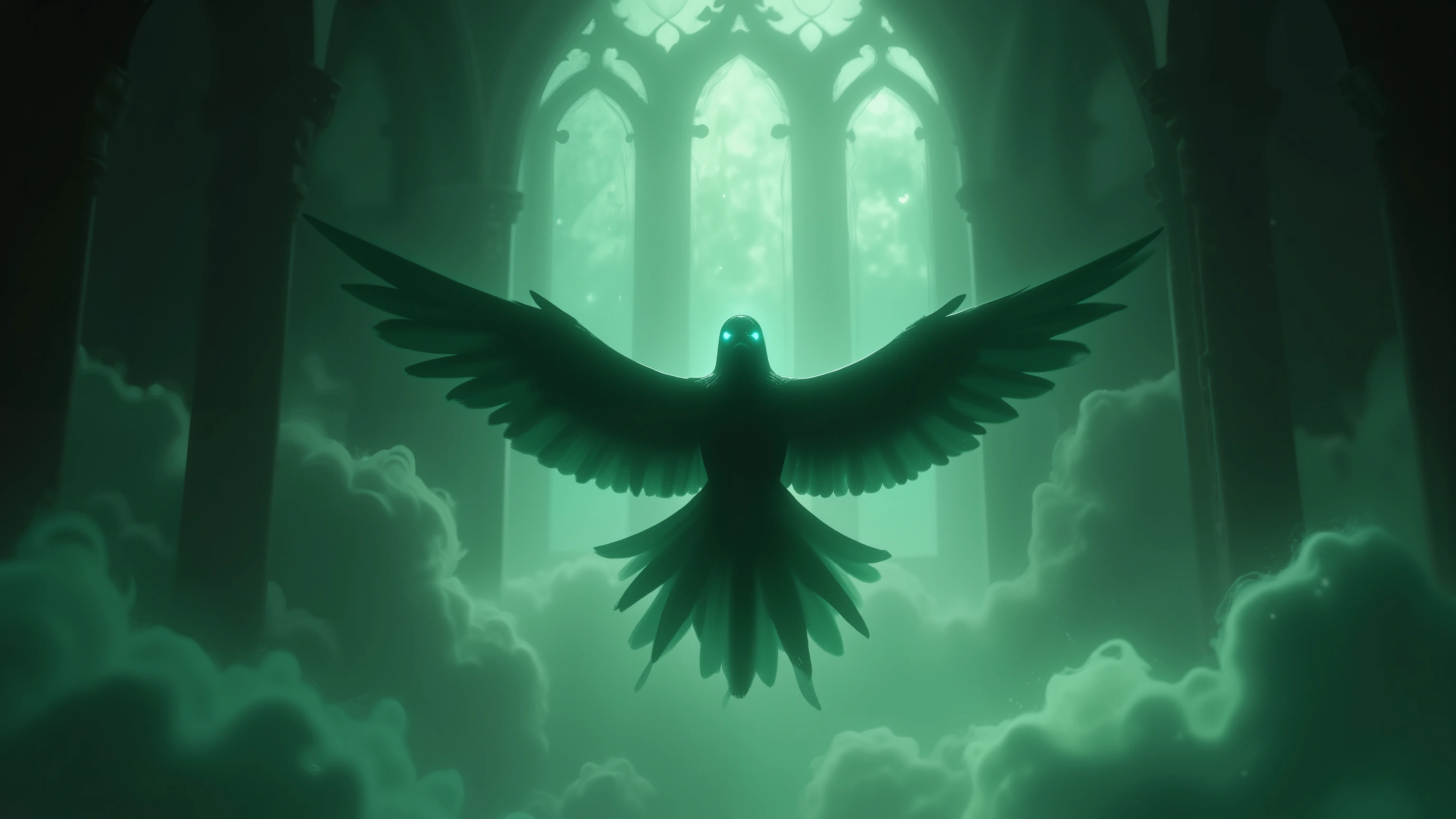 phantom, swallowed by an abandoned Gothic cathedral hall、showing a faint hint of sharpness of the toes Absolute, voluminous green fog, Subtle green fog, and faint green haze, forming a Unreal swallow silhouette with soft yet defined edges, delicate steam swallowed whole by feet, visible nose bridge, cinematic studio lightingをAt the center, And long, Flowing Tail Feathers, At the center、Intensely glowing, Unreal swallow, luminous sapphire blue eyes with clear focus and intricate volumetric light rays, into a powerful column of cold moonlight shining through a vast... tall cracked stained glass window、Ifudo々and, 上から 2 つのIntensely glowing, untextured darkness, photorealistic, Hyperdetail, clear focus, complex mist texture, dramatic three-dimensional lighting, cinematic studio lighting, masterpiece, Highest Quality, ultra high definition, 8k resolution, 8k quality, super high image quality, Insanely Detailed, high contrast