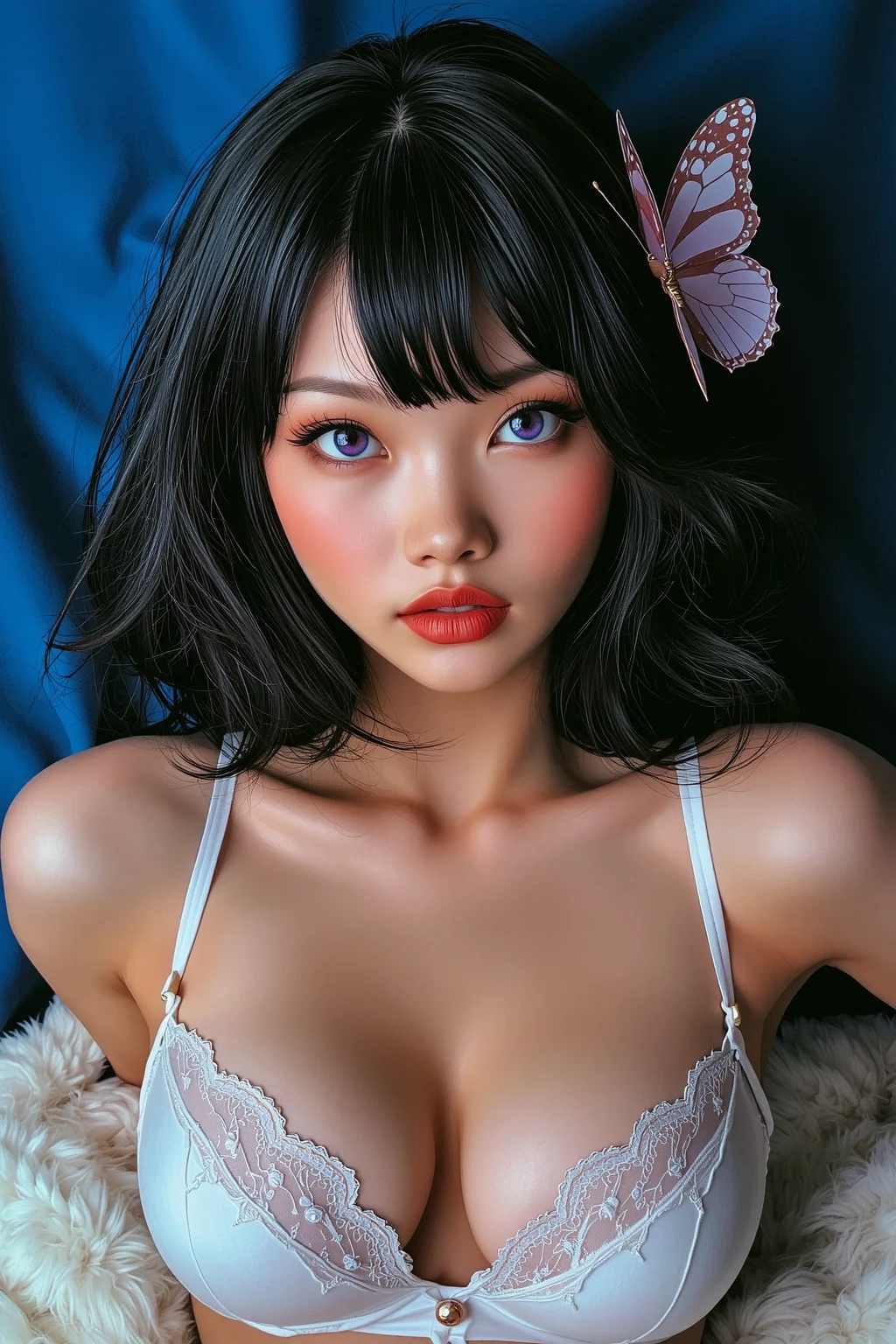 Ultra-realistic movie master pie with ultra-detailed primetime portraits, 最high quality, 8K, table top, The ultra -The high-definition、1 girl 22 years old、 woman, ((Janice Griffith:1.0)), (small head:1.5),  scene、masterpiece, 最high quality, high quality, High resolution、 (very delicate and beautiful、fine details:1.2)、(masterpiece)、 最high quality、 (high quality)、 ((absurdres))、 ((ultra sharp fous))、(Glamour, paparazzi taking pictures of her)、(Super beautiful detailed face:1.4)、(super detailed eyes:1.3)、(super detailed lips:1.2)、(super Detailed nose:1.2)、(cinematic lighting)、((anatomically correct))、((cleavage:1.3))、(dynamic random fancy, professional hairstyles)、dark shot:1.17、 Long blue_eyelashes:1.2、 (black_eyeshadows:1.2)、 red_lipstick:1.38、((perfect round eyes))、 dark_pink_makeup:134、((matte skin:1.45))、((cowboy shot:1.5)) 