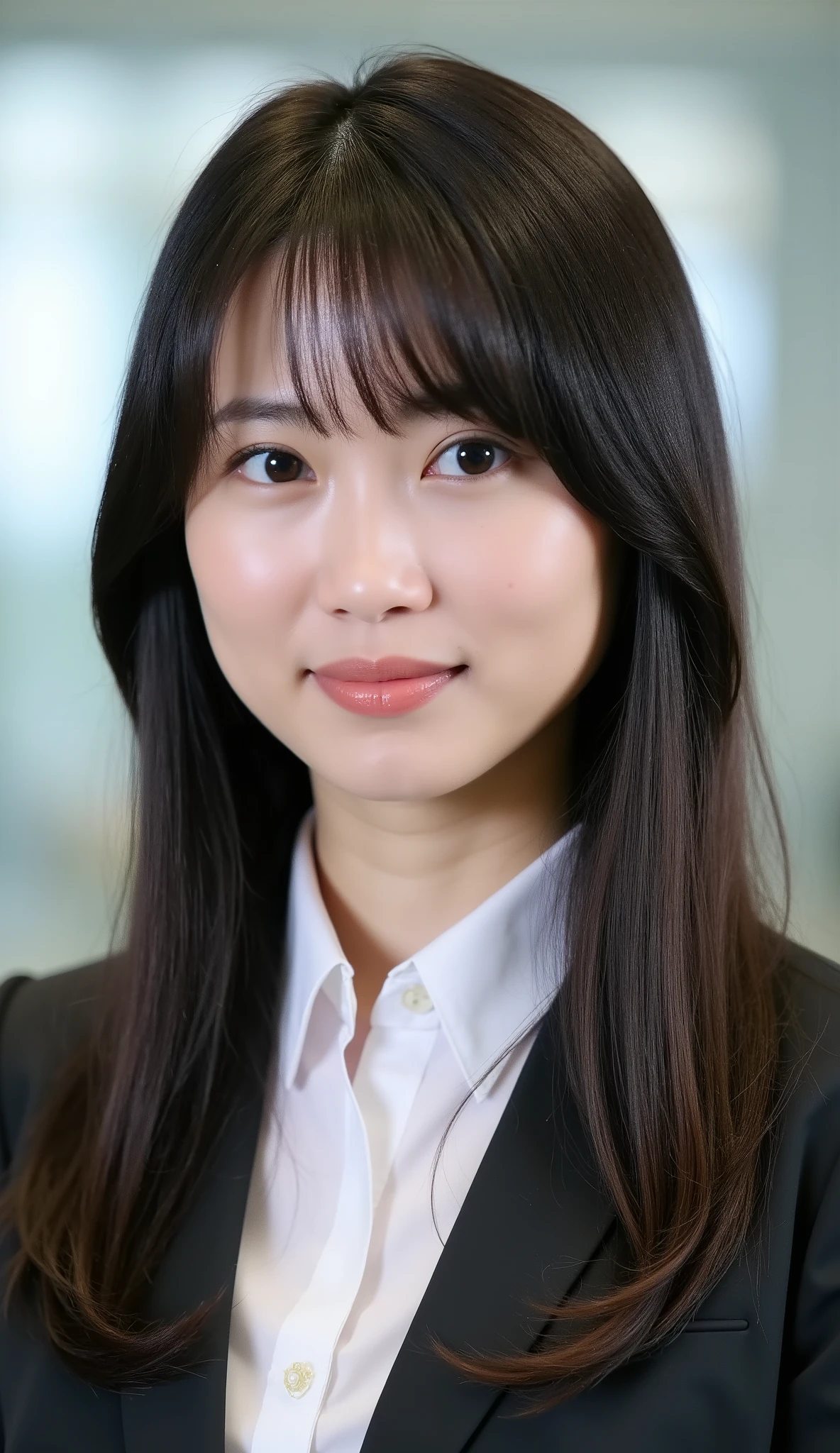 Neat Young Woman、looking at the camera、office lady suit、jacket、shirt、耳にピアス、、黒髪、、虚ろな表情、、、face close-up、The background is office
