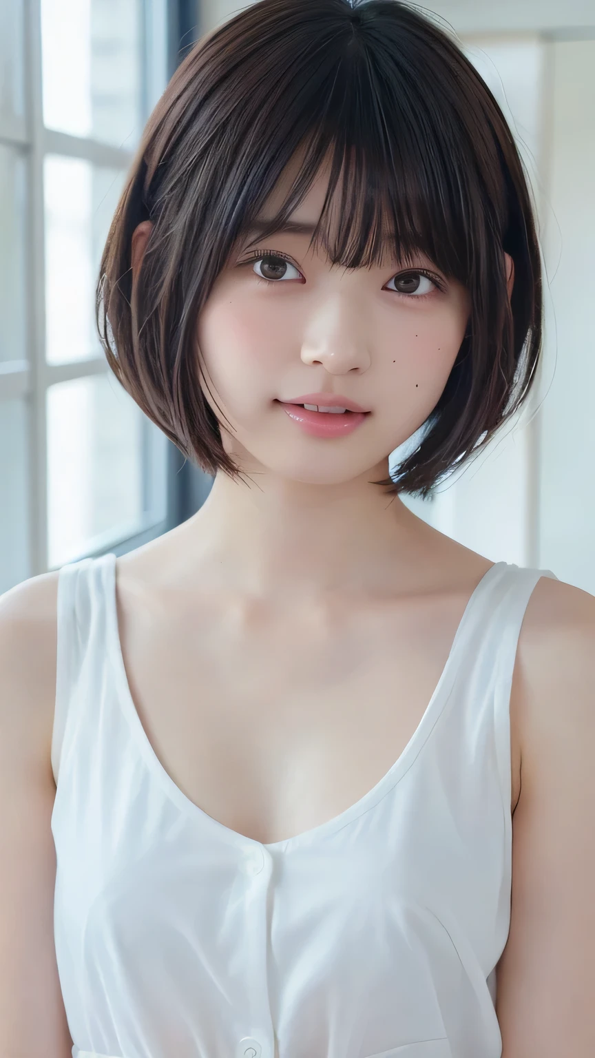 ( bob cut hair :1.2),( wear a white blouse :1.2、Sheer), 1 girl, Japanese ,21 years old,( small breasts:1.3),( Highest Quality,masterpiece:1.3, Super A High Resolution,),( Super Detailed, Caustics),( photorealistic:1.4,RAW shooting,) Ultra realistic capture , very detailed, high resolution 16K human skin close-up 。 natural skin texture for women at the pharmacy、, Pores 、 small breasts、 teeth、must be detailed enough to be easily identified。 を通して輝いています肌teeth均一で健康的です 。 uses natural light and color, smile, teethカメラを見つめています, perfect dynamic configuration, flat chest、Mole、sleeveless、((Underarms:1.2))、blush