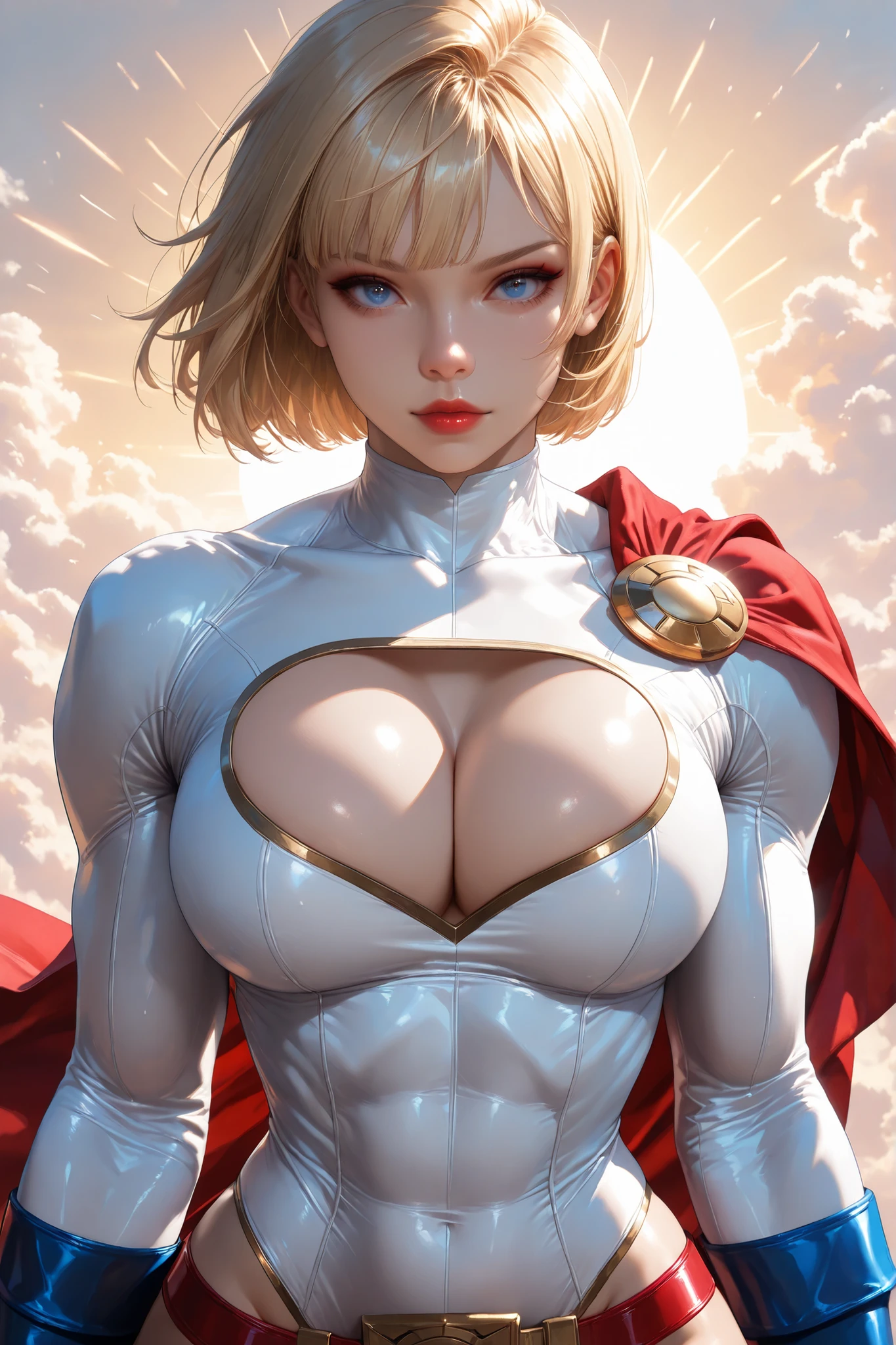 PONYXL_DC_Powergirl_ownwaifu, 1girl, blonde hair, blue eyes, large breasts, muscular female, short hair, superhero, toned, red lips, makeup, lipstick, blue gloves, bursting breasts, cleavage cutout, gold, highleg leotard, jewelry, loose belt, red belt, red cape, skin tight, white leotard, clothing cutout, thighs, turtleneck, bangs, thick thighs, long sleeves, groin, Hype4realistic, 1 girl, solo, upper body view, beautiful face, anatomically accurate ratio, large breasts. The girl is flying among incredibly beautiful clouds, and the sun's rays illuminate the clouds from within. (best quality, 4k, 8k, high resolution, masterpiece: 1.2), ultra-detailed, the girl looks into the viewer, beautiful detailed lips, detailed face, complex details, warm lighting, soft colors, delicate skin, detailed background. Masterpiece, best quality, vibrant, very aesthetic, high contrast, semrealistic, newest, Perfect shadows, correct lighting.