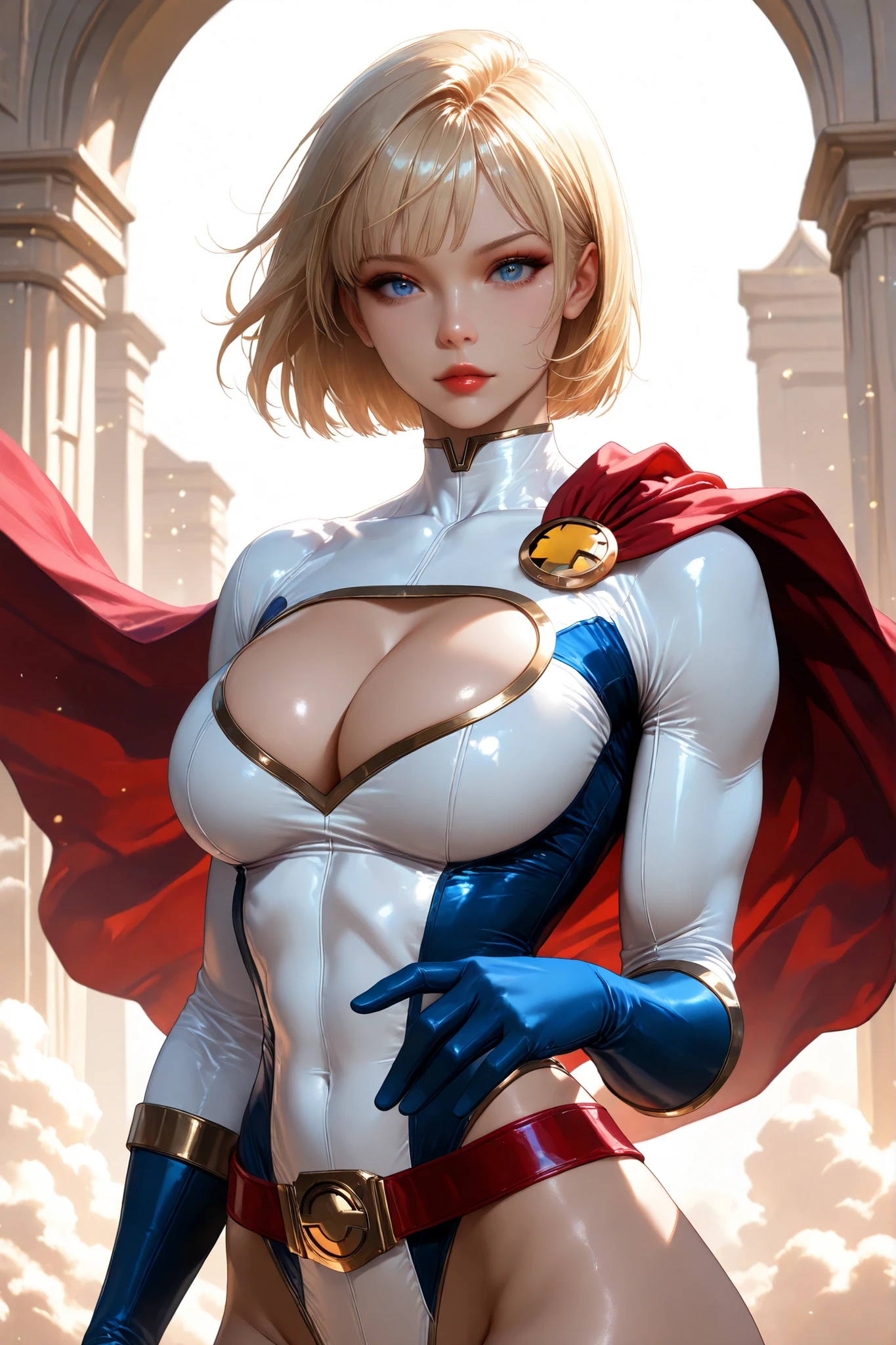 PONYXL_DC_Powergirl_ownwaifu, 1girl, blonde hair, blue eyes, large breasts, muscular female, short hair, superhero, toned, red lips, makeup, lipstick, blue gloves, bursting breasts, cleavage cutout, gold, highleg leotard, jewelry, loose belt, red belt, red cape, skin tight, white leotard, clothing cutout, thighs, turtleneck, bangs, thick thighs, long sleeves, groin, Hype4realistic, 1 girl, solo, upper body view, beautiful face, anatomically accurate ratio, large breasts. The girl is flying among incredibly beautiful clouds, and the sun's rays illuminate the clouds from within. (best quality, 4k, 8k, high resolution, masterpiece: 1.2), ultra-detailed, the girl looks into the viewer, beautiful detailed lips, detailed face, complex details, warm lighting, soft colors, delicate skin, detailed background. Masterpiece, best quality, vibrant, very aesthetic, high contrast, semrealistic, newest, Perfect shadows, correct lighting.