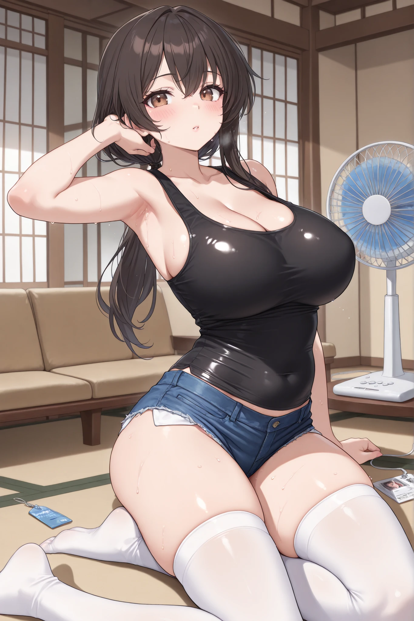 score_9, score_8_up , score_7_up , just describe what you want, tag1, tag2,official art, official style,anime style, game cg,illustration,(masterpiece:1.3),(most detailed:1.3), (high resolution:1.3), (best quality:1.3), (4K:1.3),(ergonomically perfect body:1.3),1 lady:1.5,30 years old:1.5,woman,beauty,solo:1.5,cute lips,low ponytail,black hair, brown eyes,Proportion , perfect body with realistic shading ,The anime is very detailed, perfect body with realistic shading , smooth anime cg art,(huge breasts:1.3) ,black tank top, belly-baring outfit, micro shorts, (white thighhigh socks:1.3) ,cleavage, zettairyouiki, shiny clothes,makeup,tareme, long eyelashes,  sexy body,sister,blush,wide hips,thighs,barefoot,collarbone,japanese living room,summer , electric fan , sweat,wet, exhausted, (    :1.3),Blow air into the armpit