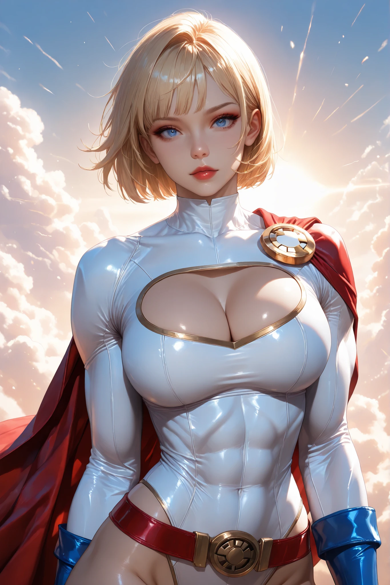 PONYXL_DC_Powergirl_ownwaifu, 1girl, blonde hair, blue eyes, large breasts, muscular female, short hair, superhero, toned, red lips, makeup, lipstick, blue gloves, bursting breasts, cleavage cutout, gold, highleg leotard, jewelry, loose belt, red belt, red cape, skin tight, white leotard, clothing cutout, thighs, turtleneck, bangs, thick thighs, long sleeves, groin, Hype4realistic, 1 girl, solo, upper body view, beautiful face, anatomically accurate ratio, large breasts. The girl is flying among incredibly beautiful clouds, and the sun's rays illuminate the clouds from within. (best quality, 4k, 8k, high resolution, masterpiece: 1.2), ultra-detailed, the girl looks into the viewer, beautiful detailed lips, detailed face, complex details, warm lighting, soft colors, delicate skin, detailed background. Masterpiece, best quality, vibrant, very aesthetic, high contrast, semrealistic, newest, Perfect shadows, correct lighting.