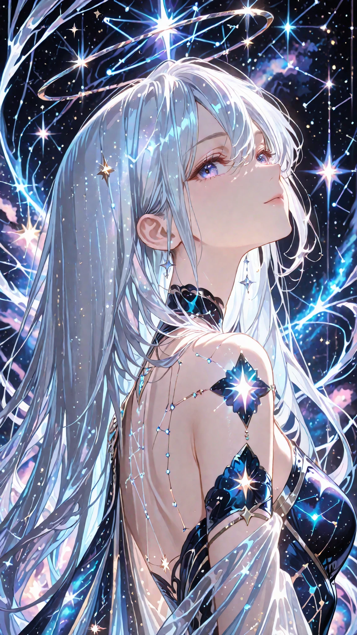 (masterpiece, Highest Quality, super detailed, HDR, 8k, cinematic lighting, upper body), (From the side:1.2、Raise your jaw、 sink)
One ethereal anime girl、is surrounded by shining constellation lines and star fragments,
sparkling cosmic aura around her body, shimmering silver hair reflecting starlight,
Heavenly Eyes Filled with Galaxies, Soft and Glowing Skin ,
(delicate anime details:1.1), (Constellation Patterns Floating in the Background:1.2),
Flowing cosmic cloth similar to the night sky,
Graceful and dreamy pose, Gently Drifting Light Particles,
a magical atmosphere, Galaxy Sparkle , Divine beauty