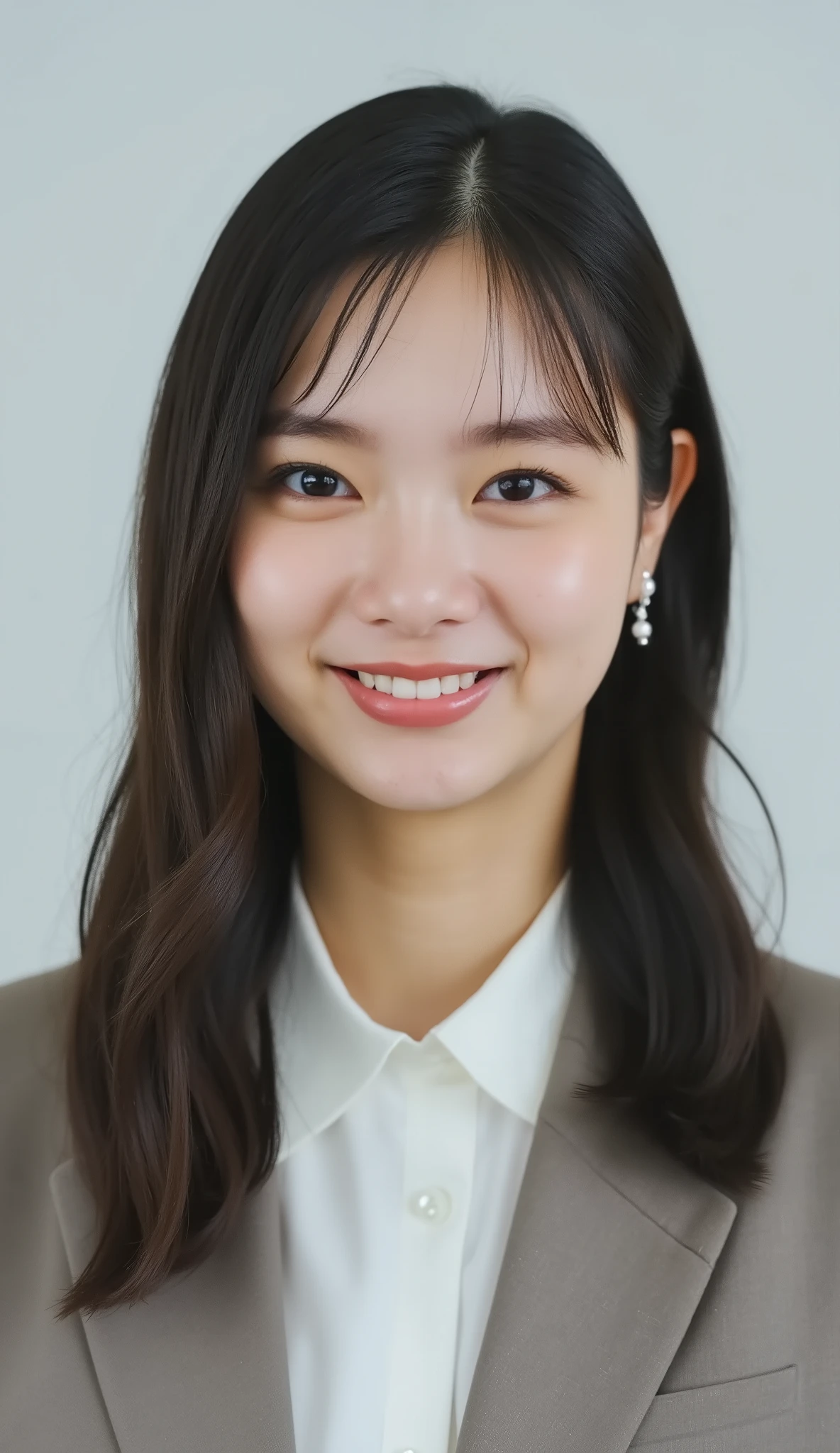 Neat Young Woman、looking at the camera、office lady suit、jacket、shirt、Ear piercings、 、smile showing teeth、face close-up、The background is office
