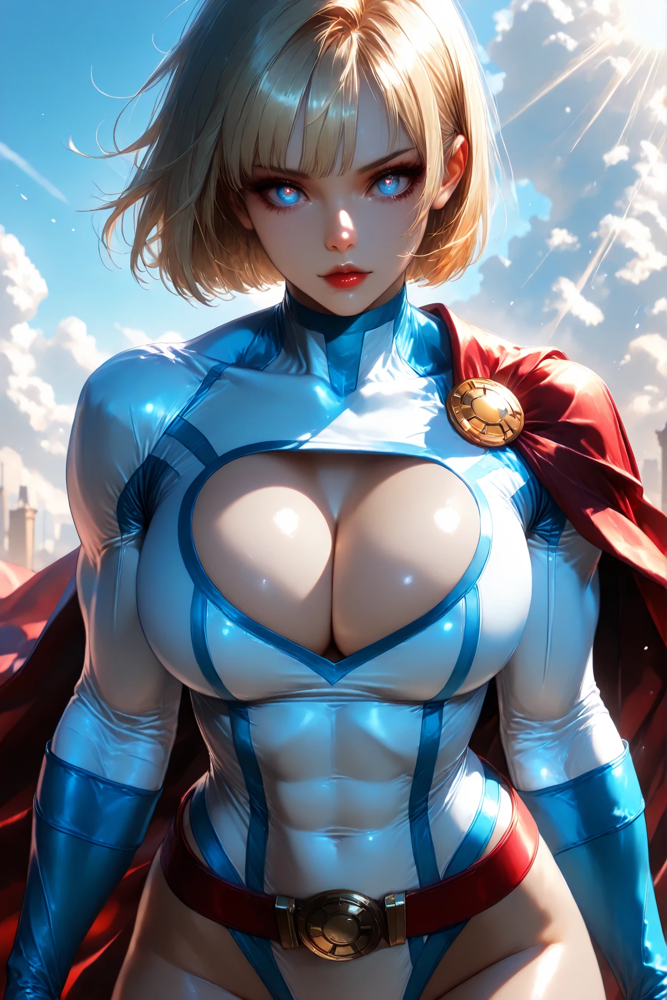 PONYXL_DC_Powergirl_ownwaifu, 1girl, blonde hair, blue eyes, large breasts, muscular female, short hair, superhero, toned, red lips, makeup, lipstick, blue gloves, bursting breasts, cleavage cutout, gold, highleg leotard, jewelry, loose belt, red belt, red cape, skin tight, white leotard, clothing cutout, thighs, turtleneck, bangs, thick thighs, long sleeves, groin, high gradient eyes, eyesHD, high definition eyes, detailed eyes, 1 girl, solo, detailed portrait, beautiful face, anatomically accurate ratio, large breasts. The girl is flying among incredibly beautiful clouds, and the sun's rays illuminate the clouds from within. (best quality, 4k, 8k, high resolution, masterpiece: 1.2), ultra-detailed, the girl looks into the viewer, beautiful detailed lips, detailed face, complex details, warm lighting, soft colors, delicate skin, detailed background. Masterpiece, best quality, vibrant, very aesthetic, high contrast, semrealistic, newest, Perfect shadows, correct lighting.