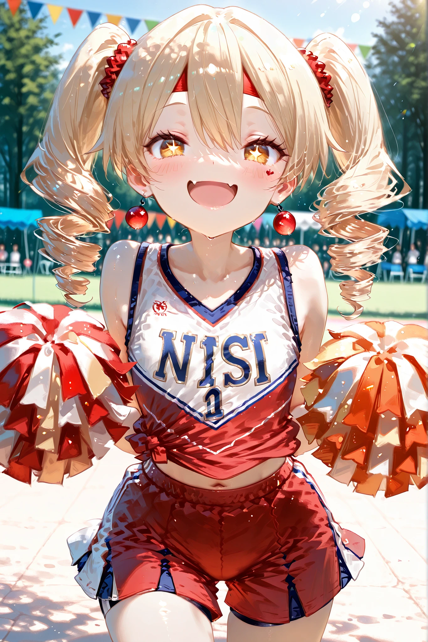 (masterpiece, detailed:1.2), ultra detailed, anime illustration, dynamic action scene, highest quality, Ultra High Quality, 64k, Beautiful and delicate mesugaki, detailed anime illustration, mischievous  girl, blonde drill twin-tails, acting like a "mesugaki" 
wearing a red headband, cheering at a school sports festival, holding a pom pom, 
small devilish smile with smug expression (slightly narrowed jito eyes, one side of mouth lifted), 
BREAK. background shows a schoolyard sports festival with flags and a few audience seats, shallow depth of field, beautiful lighting, passion atmosphere, bright daylight, playful and cheeky atmosphere, (detailed lighting), rim lighting, sharp focus, dramatic shading, emotional atmosphere,