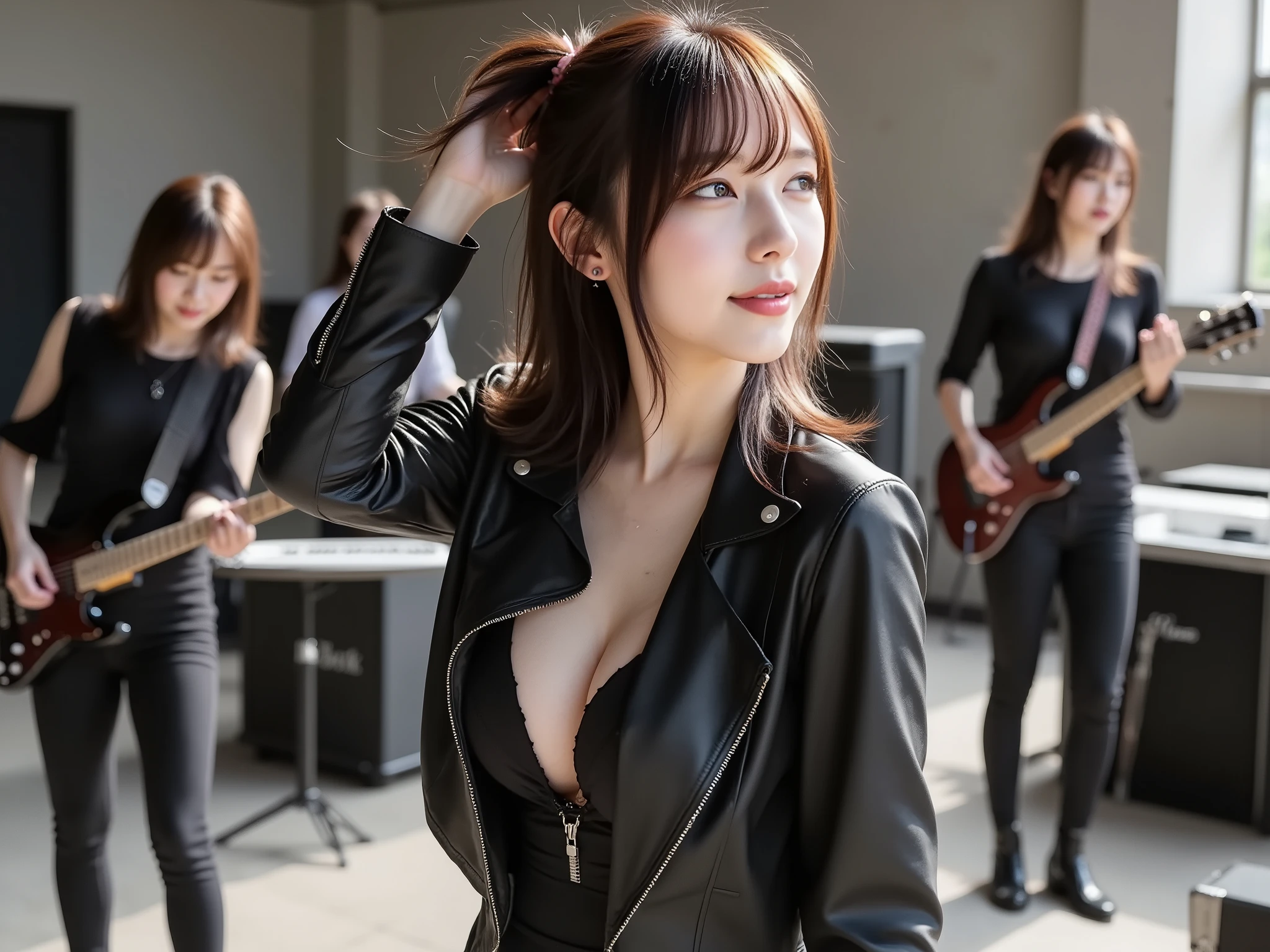 high-energy photorealistic images capturing intense rock band rehearsals. the focus is a woman the lead singer, Mid 30s, Of mixed race, pulling back the blazing red hair Of hair Female, her face warps with passionate cries, holding the microphone firmly. she wears a ripped black leather jacket over her band t-shirt, black skinny jeans , Combat Boots. Beside her, Male guitarist, Early 20s, asian, electric guitar capturing a sense of controlled chaos, with her neck bent backwards at a dramatic angle. Drummer, Mid 40s, African American, violently hitting the drum kit, sweat shines on my forehead. bassist, blonde woman in her late 20s, headbanging, the strings of the instrument vibrate violently. instruments are scattered throughout the rehearsal space - amp, keyboard, and scattered sheet music, 、and the background is a thin warehouse with peeling paint. The lighting is dim. , casting spotlights and stage lights on the elements of {x} It's a style that combines dramatic shadows. vibe is raw 々full of energy, broom, A rebellious attitude. This style is、grunge and modern rock, beating wildly.