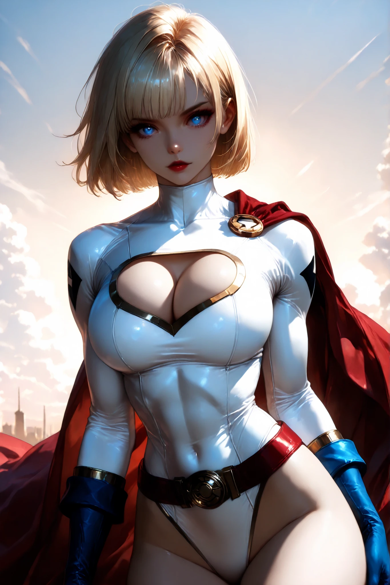 PONYXL_DC_Powergirl_ownwaifu, 1girl, blonde hair, blue eyes, large breasts, muscular female, short hair, superhero, toned, red lips, makeup, lipstick, blue gloves, bursting breasts, cleavage cutout, gold, highleg leotard, jewelry, loose belt, red belt, red cape, skin tight, white leotard, clothing cutout, thighs, turtleneck, bangs, thick thighs, long sleeves, groin, high gradient eyes, eyesHD, high definition eyes, detailed eyes, 1 girl, solo, detailed portrait, beautiful face, anatomically accurate ratio, large breasts. The girl is flying among incredibly beautiful clouds, and the sun's rays illuminate the clouds from within. (best quality, 4k, 8k, high resolution, masterpiece: 1.2), ultra-detailed, the girl looks into the viewer, beautiful detailed lips, detailed face, complex details, warm lighting, soft colors, delicate skin, detailed background. Masterpiece, best quality, vibrant, very aesthetic, high contrast, semrealistic, newest, Perfect shadows, correct lighting.