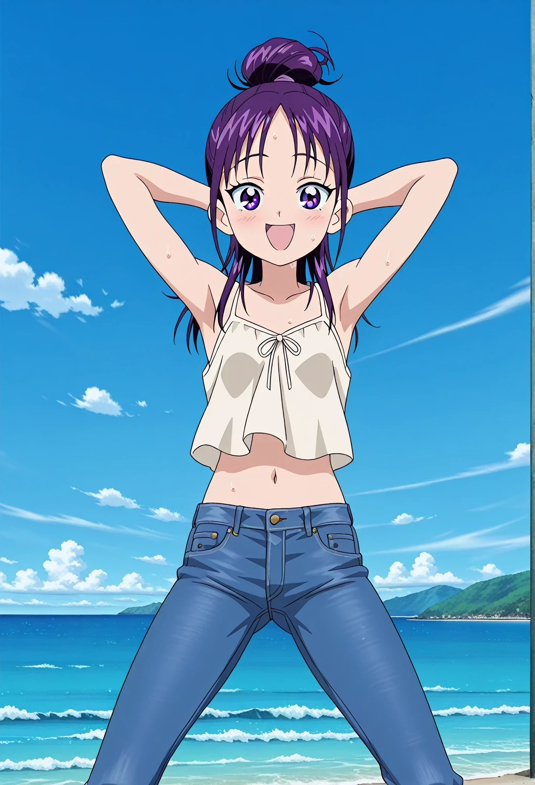 score_9, score_8_up, score_7_up, source_anime, highres, hi res, ((best quality, top quality, perfect quality, Highest Quality, amazing quality)), {{masterpiece}}, {{an extremely delicate and beautiful}}, 2d, intricate details, official style, anime, 8k, anime style, official_anime, official art, digital painting, cell shading, soft shading, high resolution, soothing tones, Subdued Color, Soft cinematic light, adobe lightroom, photolab, HDR, intricately and hyper-detailed, ((high quality animation)), 1 girl, Alone, solo, ((ocean)), tsunami, on the water, day, sunny, outdoors, sky, windy, Mai, purple_eyes, purple hair, long_hair, hair bun, anime screencap, small breasts, light beige camisole top, crop top, light beige crop top, best quality, hyper-detailed jeans, ((purple blue jeans:1.9)), (dark blue jeans:0.6), full medium body, medium shot, Open mouth, smiling, happy face, blush, sweat, standing, ((arms behind head:6.0)), bowlegged, jumping pose, action, looking at viewer, spread legs, Bend knees slightly, straight-on front view