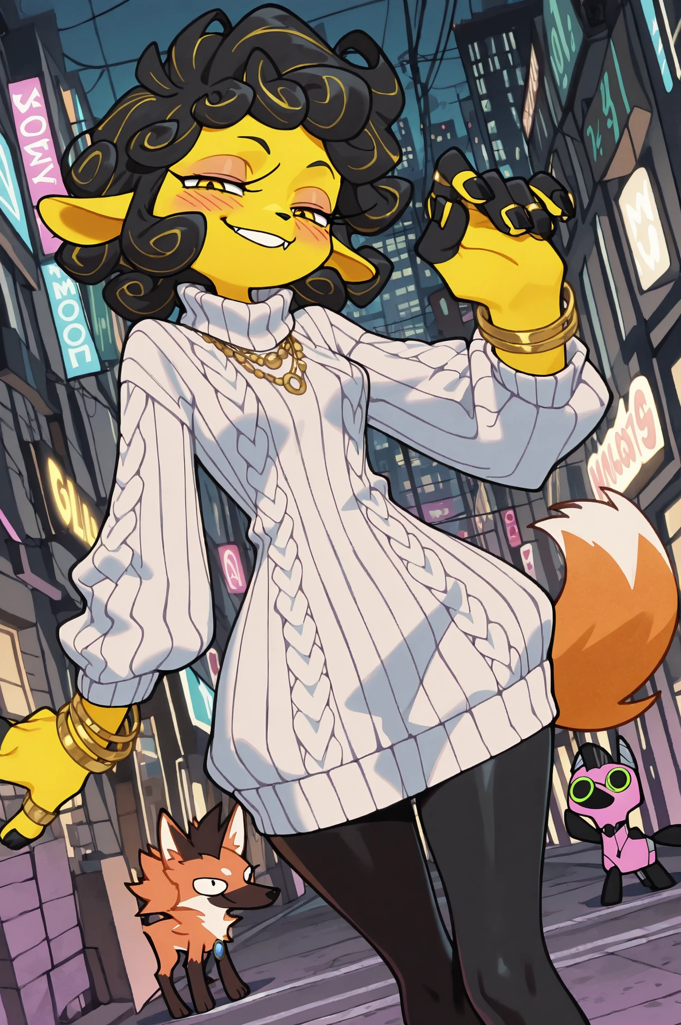 best quality, masterpiece \(quality\), L0LSPL4SH, year2024, year2023, West Studio, sixmorevodka, 1girl, by Riolutiny, solo, anthro_only, ((maned wolf)), fluffy, small breasts, (wide hips), ((oversized sweater)), ((jewelry, rings, bracelets, necklace)), ((round ears)), fluffy hair, black hair, mohawk, tall dommy mommy, L0LSPL4SH, blurry foreground, blurry background, IllusP0s, cyberpunk, looking at viewer, long eyelashes, hyperhandles, long black nails, black paw pads, (dynamic angle, stand up, lazy posture, blushing, smug face, parted lips, stunned, 3/4 view), (sexy, posted on E621), ((golden tusks)), yellow eyes, ((curly hair))