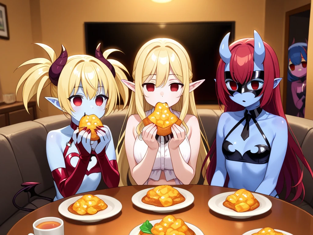 , , raiden shogun (genshin impact), female/ambiguous, female , , Bowser (super mario bros), ganyu (genshin impact), , multiple girls, comic, 3girls, , Collapsed Cowgirl, hetero, 6boys, multiple boys, party, blue hair, purple hair, Gala dress,, Samus aran (metroid), yellow hair, drunk, drinked, 