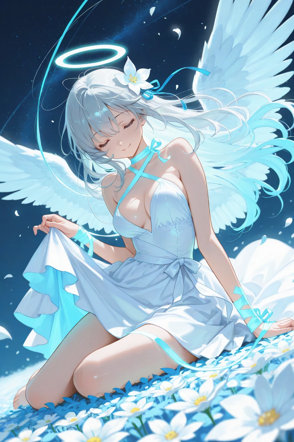 An anime teen girl, laying down on the floor, (((??????????))), cinematic light, slim body with curves, skin is perfectly white, soft, and smooth, ((no ????)), Extremely delicate and beautiful CG illustration, best quality, high resolution, dynamic angle, full-length lens, (1 girl), floating, soft light, high-key lighting), angel, 2 pairs of big wings, glowing light, blue halo, feathers fluttering background, blue crystal, (((wearing nothing but a white (transparent) tank top)))