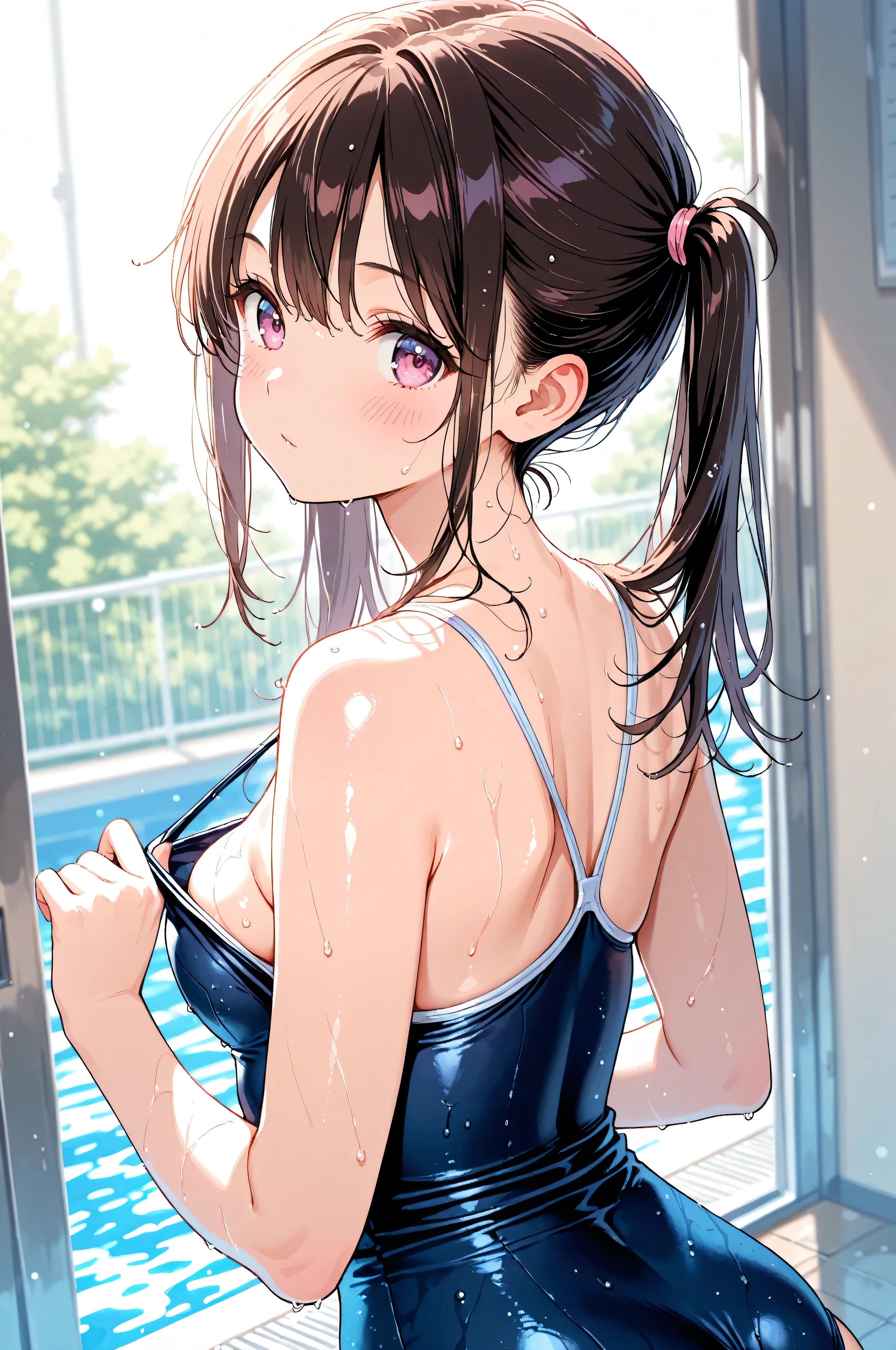 Masterpiece, highest quality, monika, green eyes, brown hair, very long hair, ponytail, hair ribbon, black ribbon, blazer, black hoodie,  pink shirt, neck ribbon, blue skirt, soaking wet clothes, wet hairN wet body, wetlook, soaked, pouring rain, outside, outdoor pool, soaked clothes, dark wet clothes, wet fabric, soaking wet, small , looking at camera, tongue out, mouth open, V sign, pastel goth clothes, cyberpunk style, latex clothes