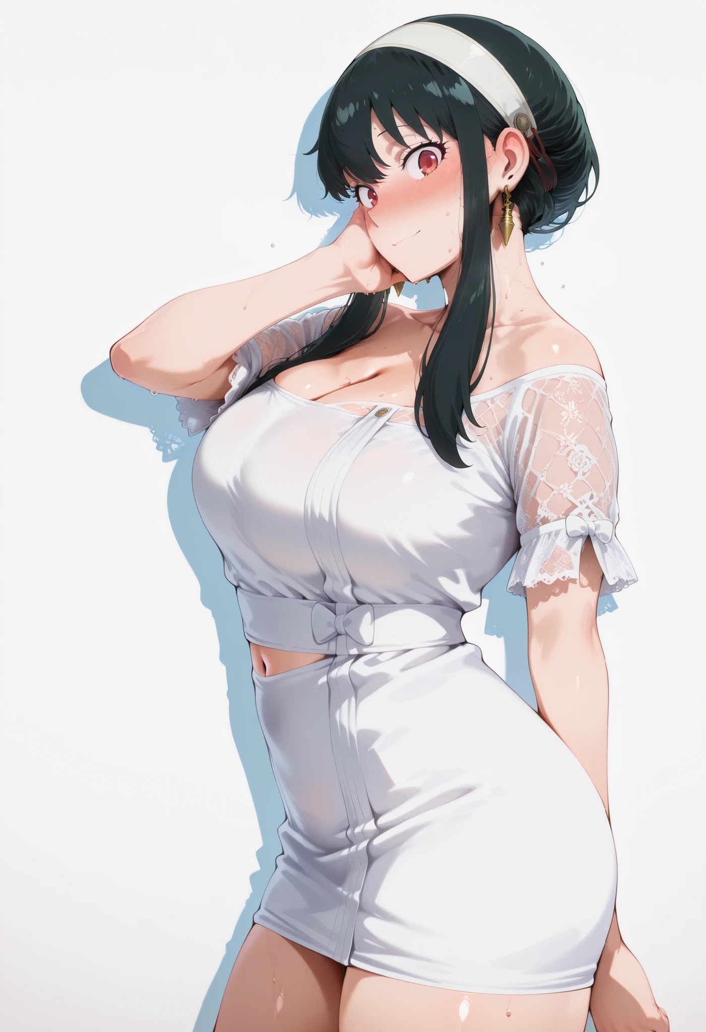 score_9, score_8_up, score_7_up, score_6_up, score_5_up, score_4_up, masterpiece, high quality, yor briar, black hair, red eyes, earrings, white hairband, hairband, long hair, sidelocks, large breasts, shiny skin, shiny hair, shiny body, clear body, large breasts, nose blush, sweat, sweaty, sweaty:1.3,, standing, nice legs,, looking at viewer, thick thigh, thick thighs, nice face, solo, opaque clothes, cowboy shot, nice legs, DYNAMIC POse, , solo, large breasts, thick thigh, dynamic pose, navel ,midriff,,, LOOKING AT VIEWER, WHITE BACKGROUND, EMPTY BACKGROUND, soft smile,, DYNAMIC POSE, large breasts , looking at viewer, one hand behind on her, one hand on face, view from side, side pose, side looking, side view, short dress, lace sleeves, cleavage