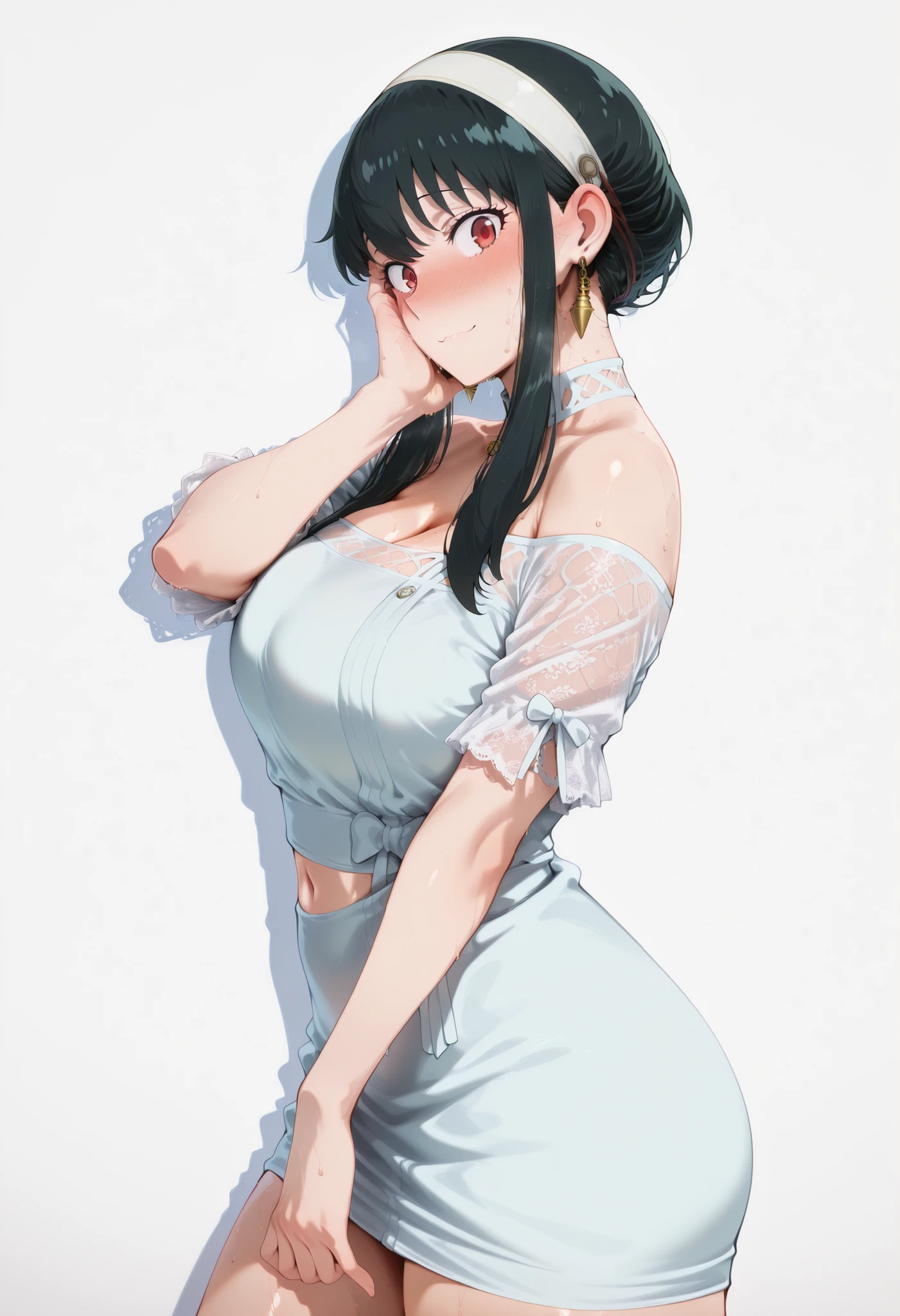 score_9, score_8_up, score_7_up, score_6_up, score_5_up, score_4_up, masterpiece, high quality, yor briar, black hair, red eyes, earrings, white hairband, hairband, long hair, sidelocks, large breasts, shiny skin, shiny hair, shiny body, clear body, large breasts, nose blush, sweat, sweaty, sweaty:1.3,, standing, nice legs,, looking at viewer, thick thigh, thick thighs, nice face, solo, opaque clothes, cowboy shot, nice legs, DYNAMIC POse, , solo, large breasts, thick thigh, dynamic pose, navel ,midriff,,, LOOKING AT VIEWER, WHITE BACKGROUND, EMPTY BACKGROUND, soft smile,, DYNAMIC POSE, large breasts , looking at viewer, one hand behind on her, one hand on face, view from side, side pose, side looking, side view, short dress, lace sleeves, cleavage
