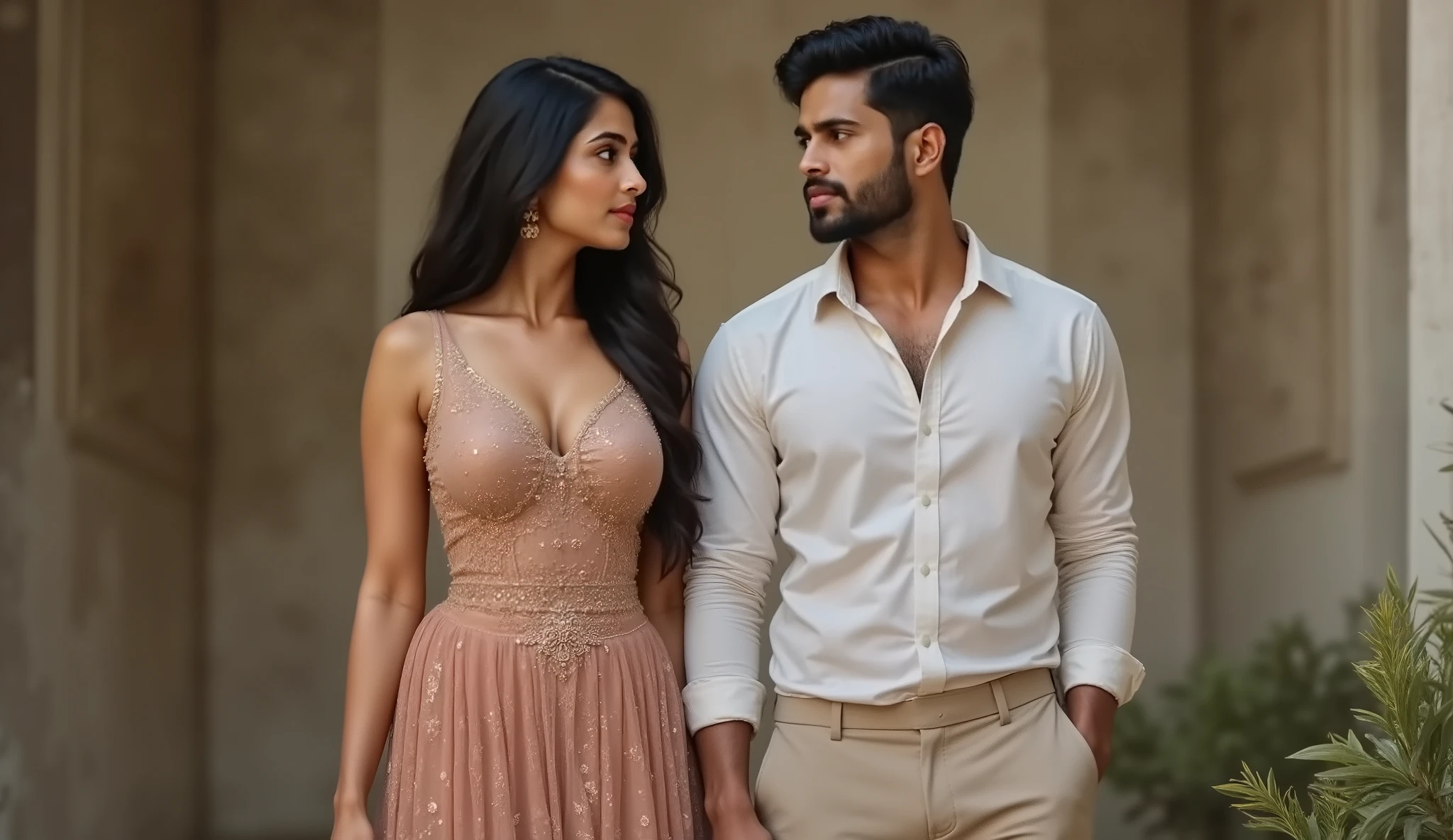 Full hd elegant picture of a 25 years old indian women wearing midi standing in the front of a 25 years old indian handsome man wearing pant shirt and talking to the women 