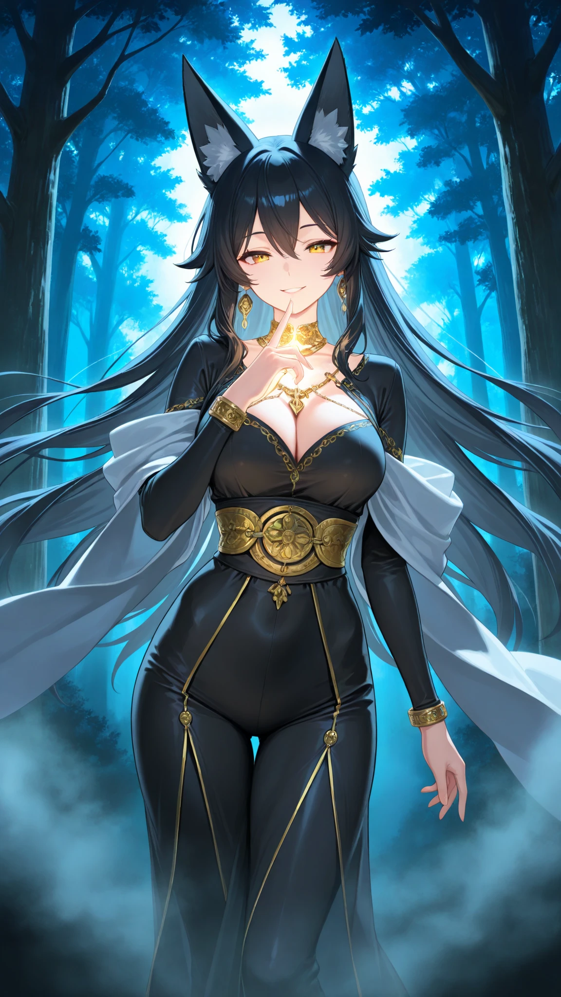 8K Wallpaper, ultra high definition, Perfect Quality, The Fox Goddess, mysterious smile, Elegant posture, Tight Waist, long beautiful finger , Ancient Jewelry, Attire in harmony with nature, Tree of Life, Magical Forest, Divine Light, Fantastic Fog, Mysterious Atmosphere, dreamy colors, mythical background