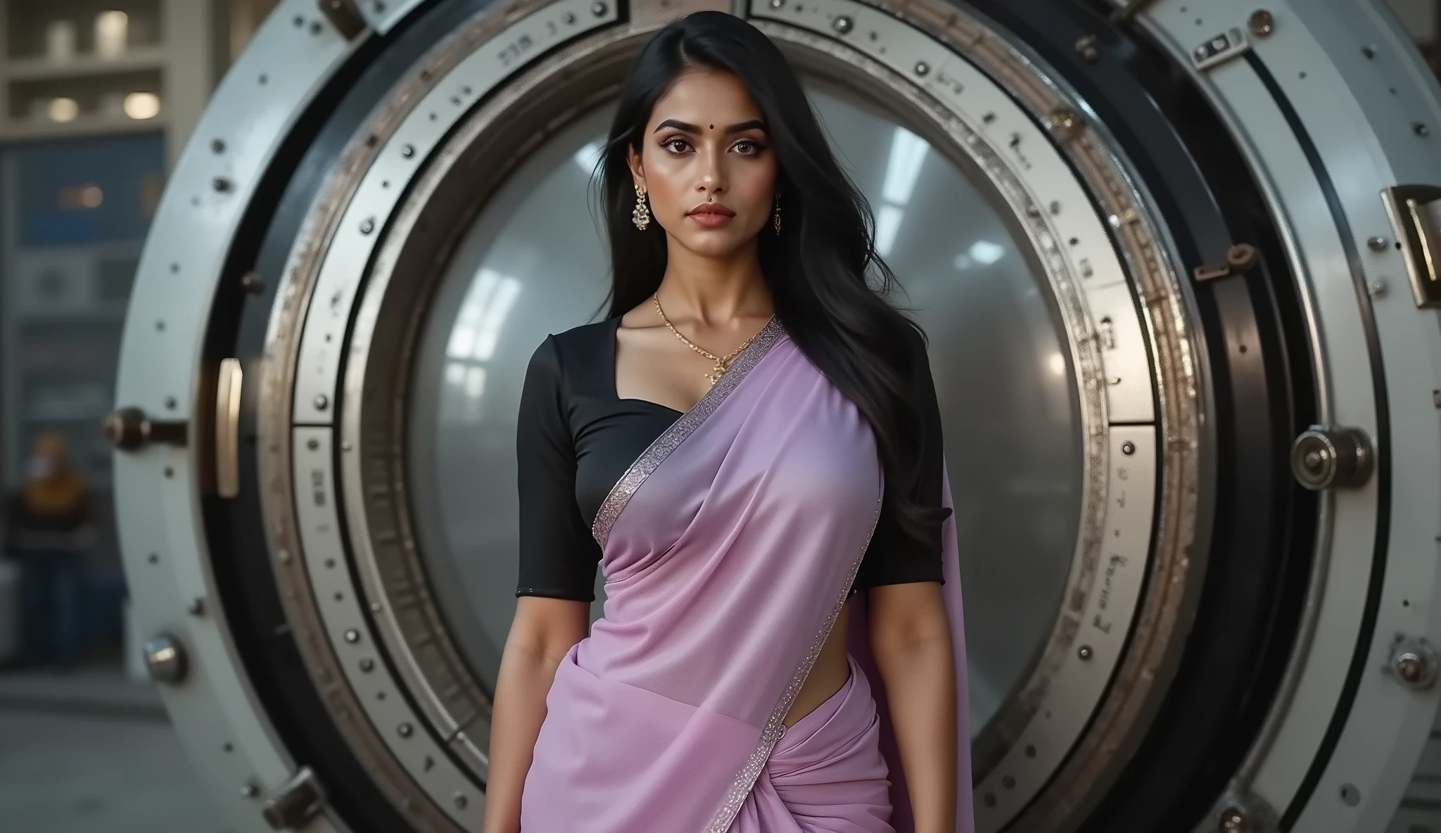 Full hd elegant picture of a 25 years old indian women wearing pinkish light purple saree and black half sleeves blouse standing in the front time machine 