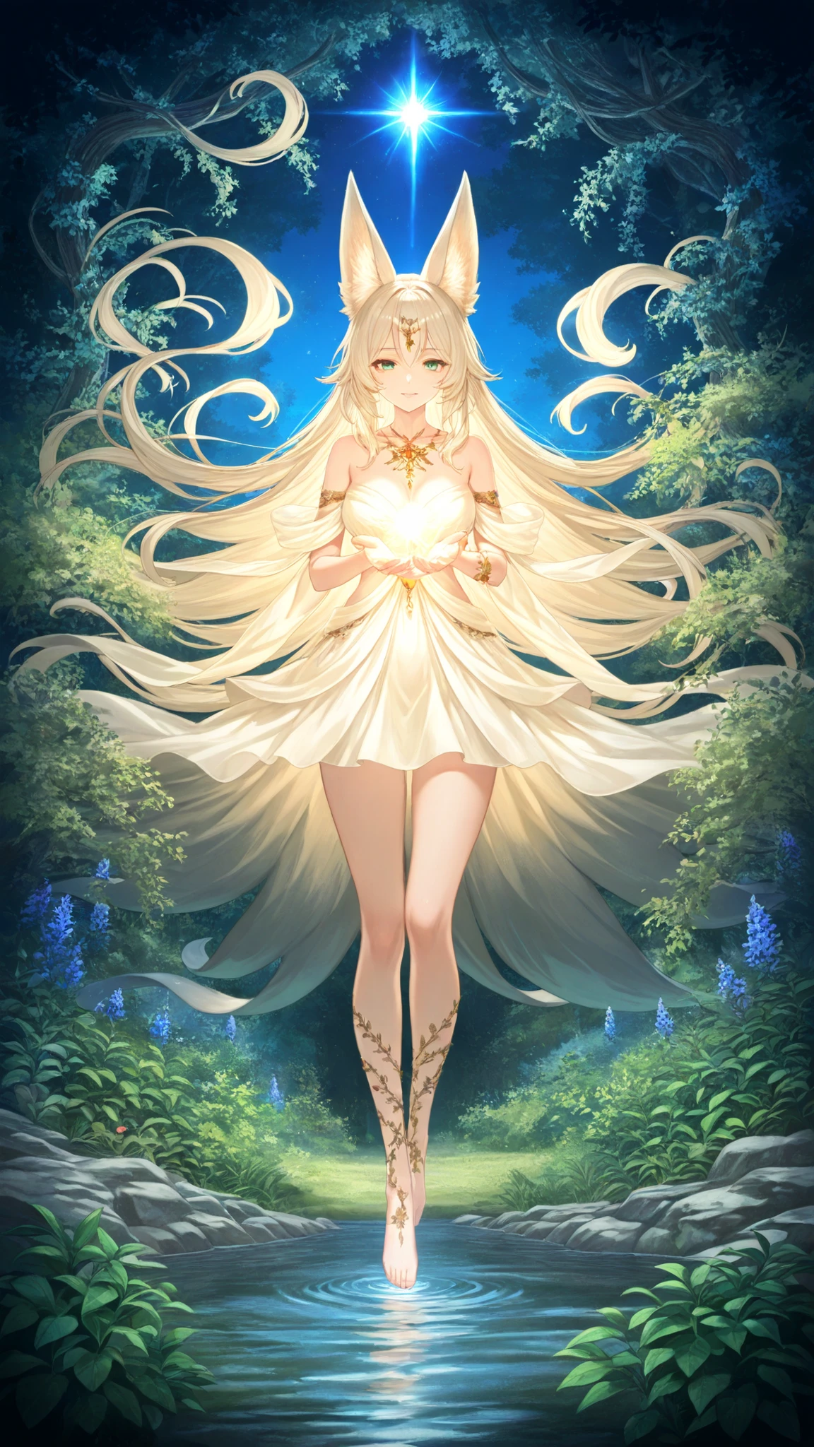high resolution, like the picture, Detailed Description, One Fox-Eared Goddess, benevolent expression, Graceful Posture, Slender Body, beautiful hand movements, Intricate Jewelry, Natural Motifs Decor, Plants Full of Vitality, By a Clean Stream, Sacred Ceremony, Magical Light, Fantasy World, Fantastic Scenery