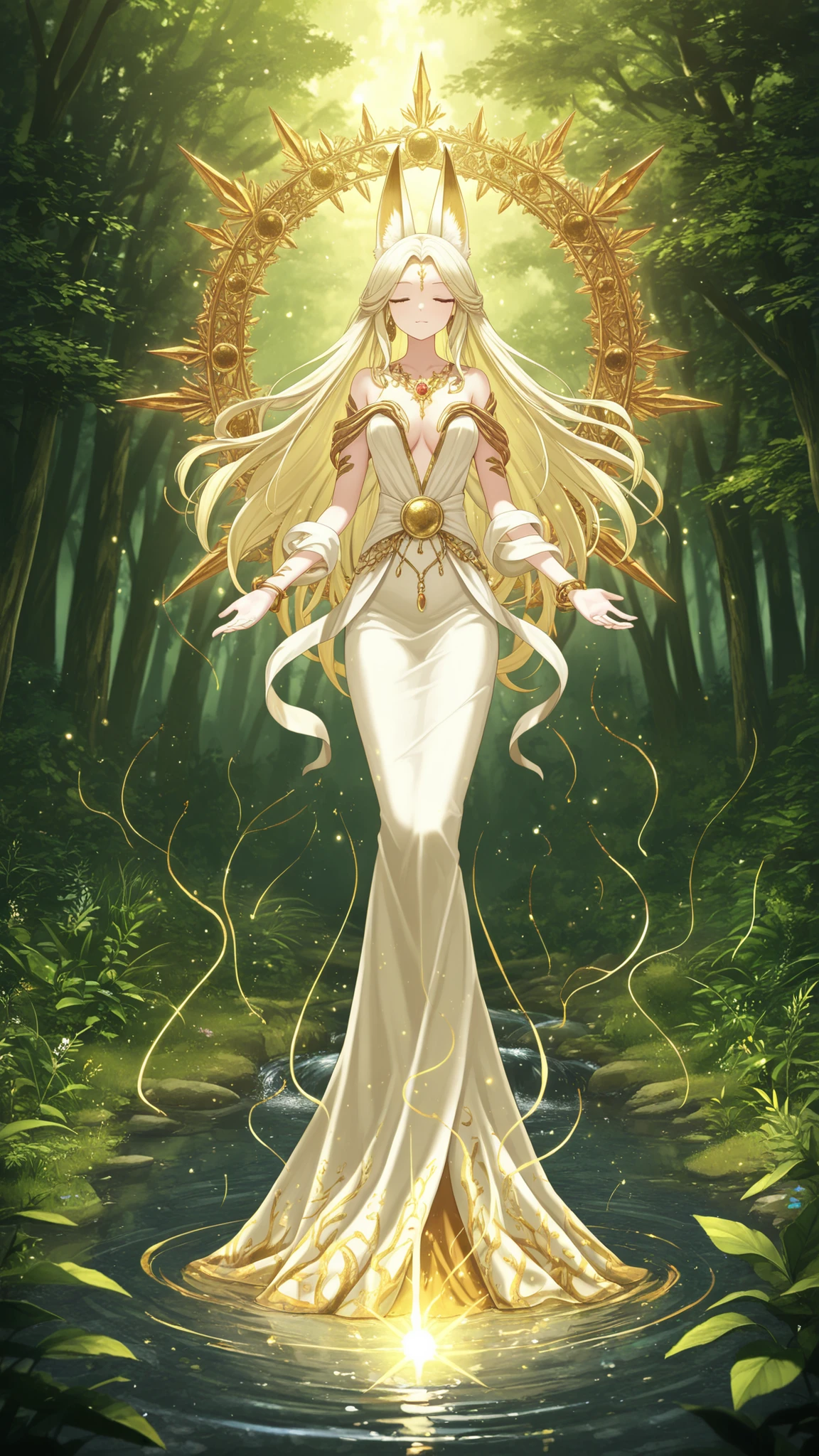 high resolution, like the picture, Detailed Description, One Fox-Eared Goddess, benevolent expression, Graceful Posture, Slender Body, beautiful hand movements, Intricate Jewelry, Natural Motifs Decor, Plants Full of Vitality, By a Clean Stream, Sacred Ceremony, Magical Light, Fantasy World, Fantastic Scenery