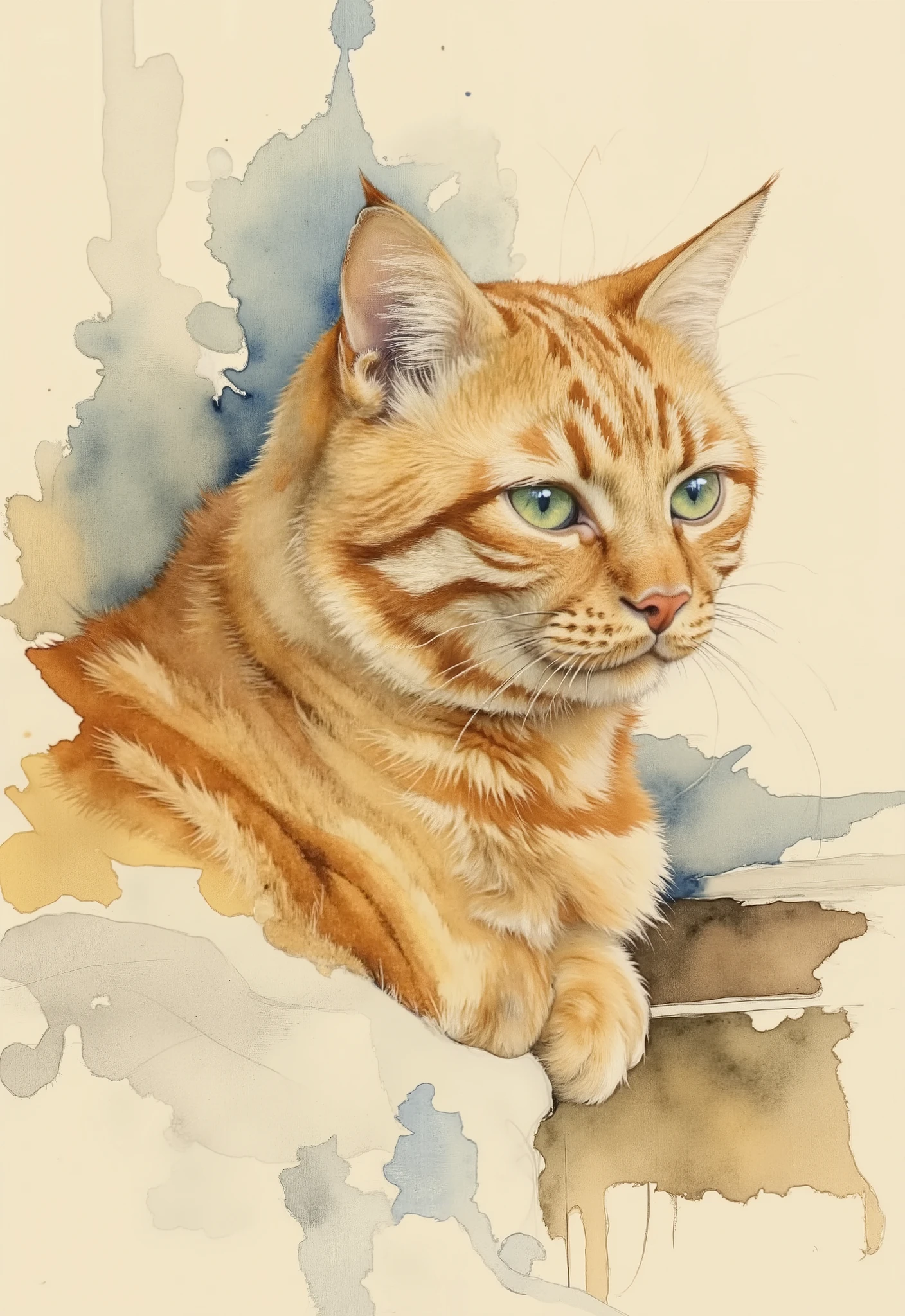 The watercolor drawing depicts Tabby, a red-haired cat. The cat is facing the right side of the image, with its head slightly turned to the left. His fur is a mixture of red and white with shades of yellow and blue. His eyes are a piercing green, and his nose is dark red. The background is made in light beige with patches of blue and brown. The painting is made in a realistic style, in which the cat looks soft and realistic. The overall mood of the painting is peaceful and serene. Ink splashes, wild animal, fawn, spray painting.