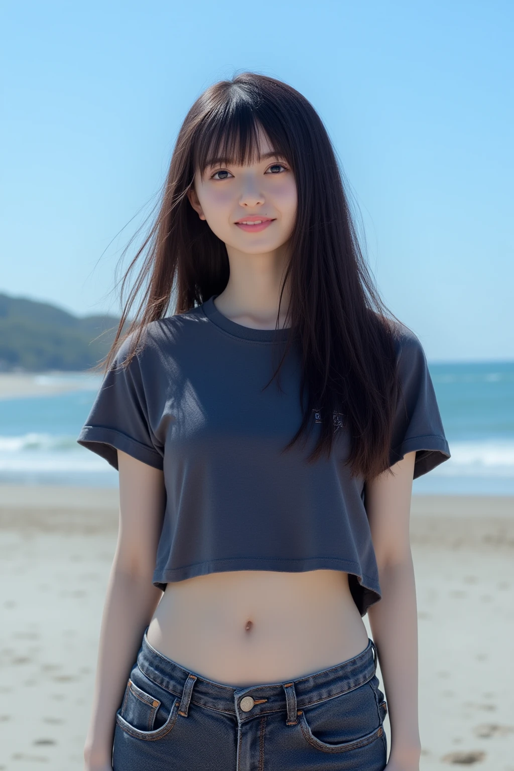 A very cute 12-year-old girl with straight long hair, wearing a black tank top and a black , smiling by the sea.