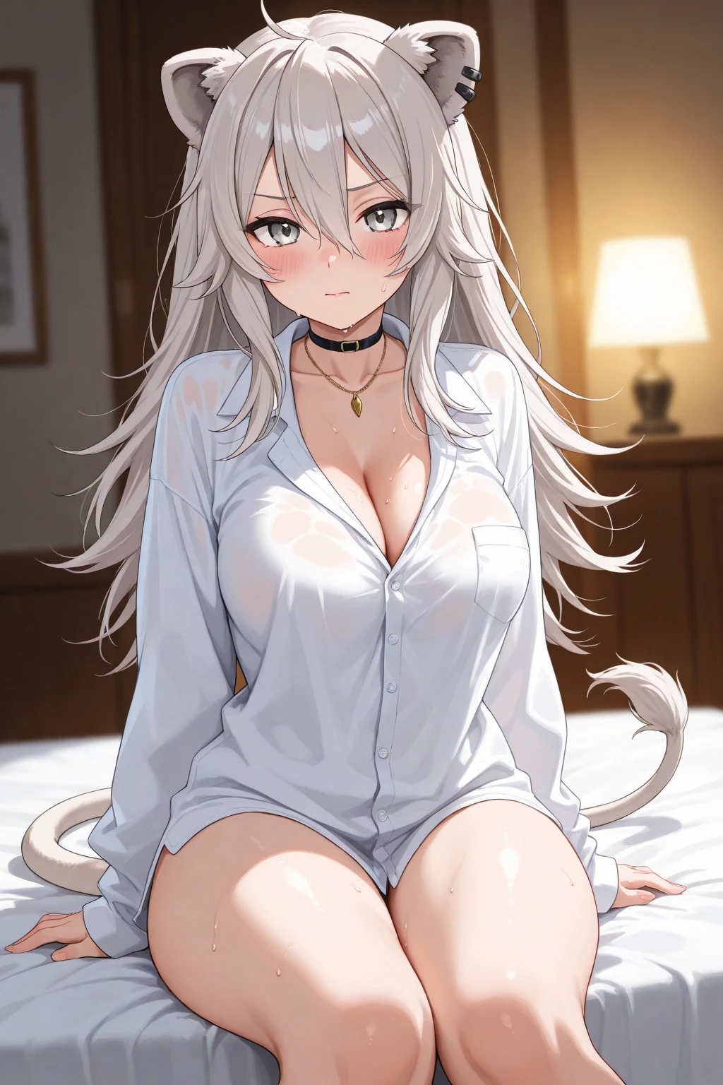 masterpiece,best quality,amazing quality,<lora:carlotta_wuwa_ilxl_goofy:1>carlottaWuwa, ahoge,1girl, backlighting, black bra, blurry, blurry foreground, bra, breasts, closed eyes, collarbone, curtains, facing viewer, long hair, medium breasts, mole, mole on thigh, mole under breast, naked shirt, navel, on bed, open clothes, open mouth, open shirt, parted bangs, pillow, shirt, sitting, sleeves rolled up, solo, squeans, stomach, stuffed animal, stuffed toy, tearing up, teddy bear, underwear, waking up, wariza, white hair, white shirt, window, yawning