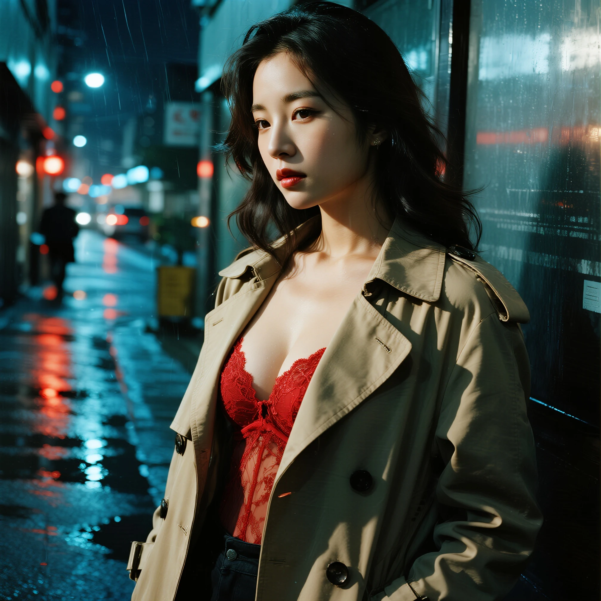 Pretty Japanese girl 18-20 years old, big , white skin, long hair, wearing an orange suit, not buttoned on the ?????, red lingerie, showing off, riding a motorcycle in the rain, falling in the city, ????, raining atmosphere