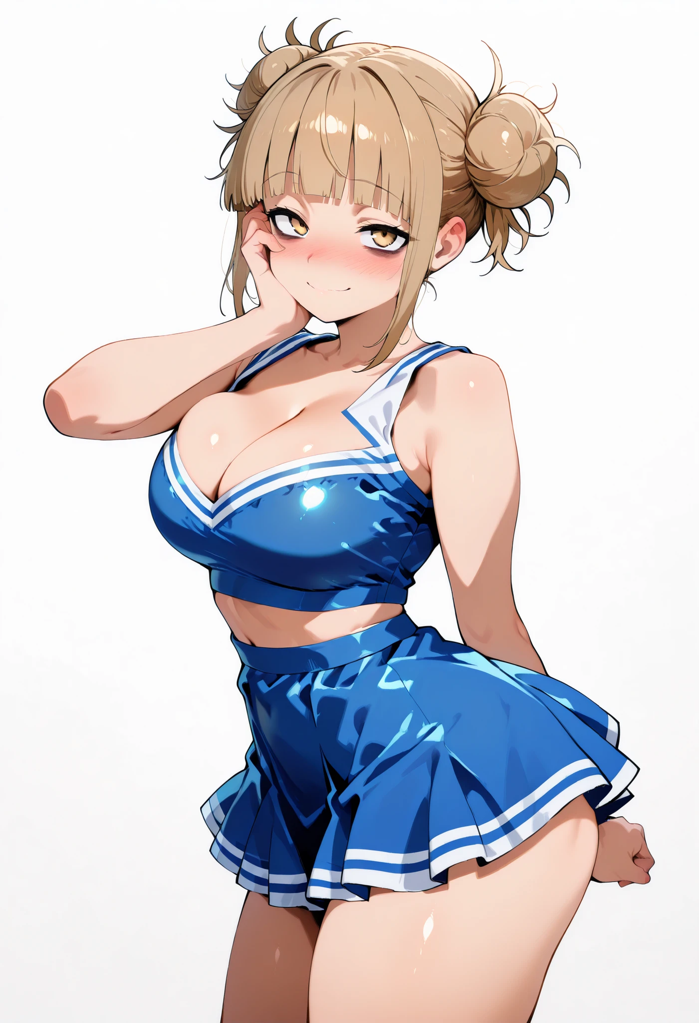 score_9, score_8_up, score_7_up, score_6_up, score_5_up, score_4_up, masterpiece, high quality, BREAK, 1girl, 1girl,, bags under eyes, standing, nice legs, looking at viewer, nose blush, shiny legs, shiny body, shiny hair, clear skin, clear body,, solo, thick thigh, thick thighs, solo, female, large breasts, toga himoko, blonde hair, yellow eyes, blunt bangs, double bun,., shiny skin, shiny hair, shiny body, clear body, white background, empty background, ,, , DYNAMIC POSE , white background, empty background, BAGS UNDER EYES, LARGE BREASTS,, STANDIN UPRIGHT, COWBOY SHOT, POSING, cleavage, CLEAVAGE,, POSING,, STANDING,navel ,midriff,,, LOOKING AT VIEWER, WHITE BACKGROUND, EMPTY BACKGROUND, soft smile,, DYNAMIC POSE,, big ass, one hand behind on her, one hand on face, BIG ASS, cheerleader,cheerleader,,cheerleader,,cheerleader,,,,cheerleader,,