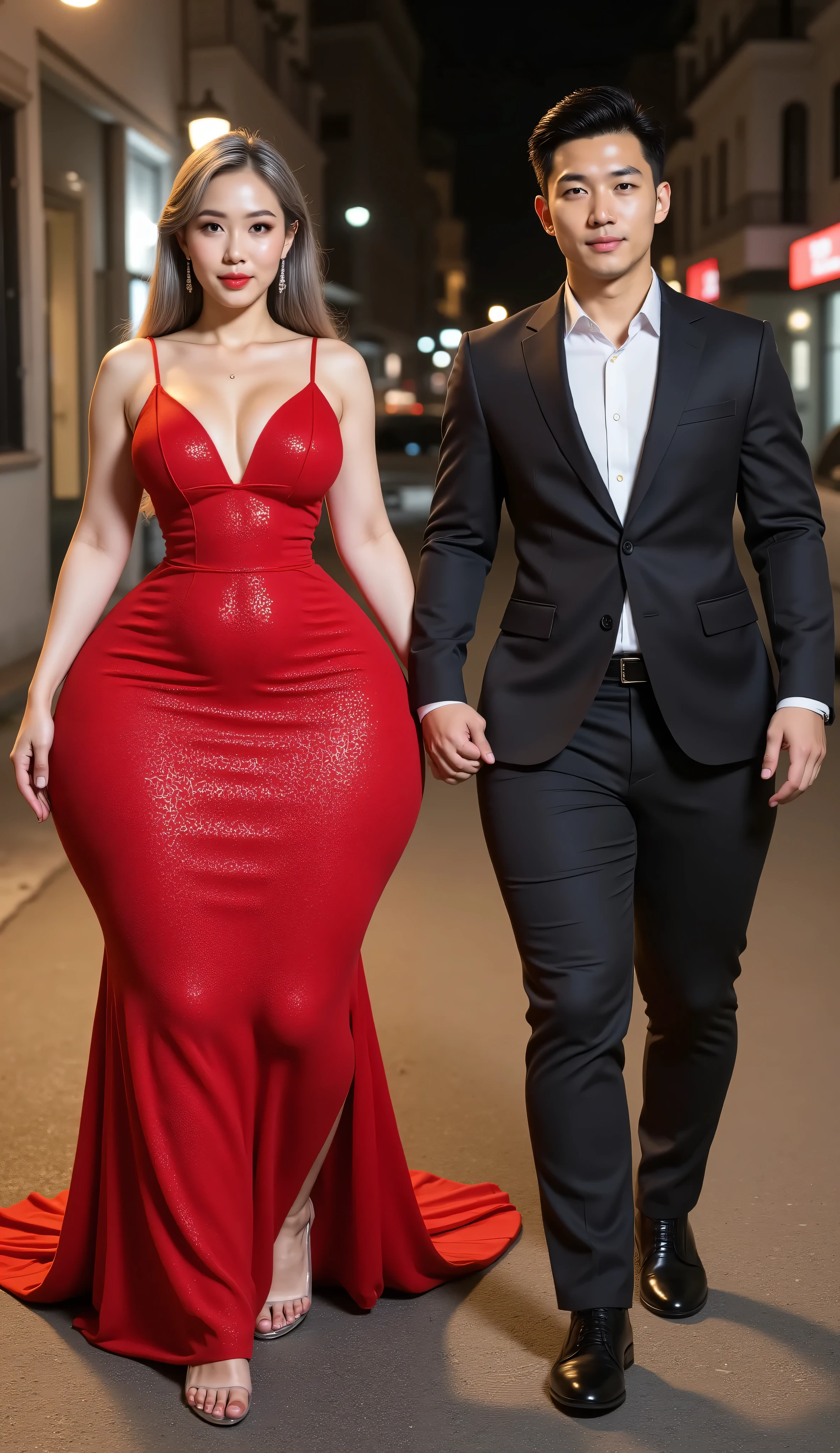 An Asian attractive mature woman with a provocative curvaceous body, is 60 years old and has a figure with prominent curves, a plump with perfect proportions curves, generous curves and plus-size, a body with an hourglass figure, her voluptuous wide hips harmonize with slender wasp waist, with wide legs and wide thighs well-shaped, and her butt in good shape, plump and shaped buttocks. She has characteristics typical of her age, slight wrinkles on her face and gray hair, long hair with an elegant vintage style hairstyle, has beautiful and fine facial features. She wear a revealing red sparkling gown and wears transparent glass heels. She is walking on the trotoar in the city at night time, she is a bride for her young skinny son 20 years old. her young skinny son in a casual suit and black hair, He is next to her, walking on the trotoar in the city at night time, look at camera, he holds her hand with passion. they was captured is a modern hyperrealistic cinematic style, captured on a full body overview, with hyperrealistic details and good focus quality.