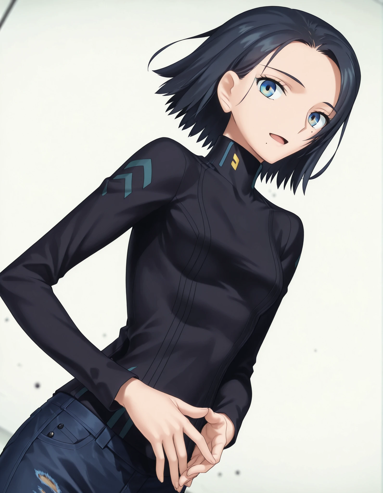 masterpiece, absurdres, highres, detailed background, high resolution, necessary, detail, best quality, quality, necessary, details, High details, Precise ,detailed face,
Takeuchi Takashi (type-moon,fate) style, 
solo, nsfw, 
official art,  <lora:Comoli_Harcourt__:0.8>Comoli_Harcourt,, (light skin),
Comoli_Harcourt, (brown and blue eyes), (multicolor eye), black hair, jeans, ((black turtleneck knit)), mole under mouth,(one mole), solo, short hair, turtleneck, small breasts,
no background, white background, 
solo, , upper body, looking at viewer, standing, join hands behind body, light smile, dutch angle, face close-up, open mouth, 