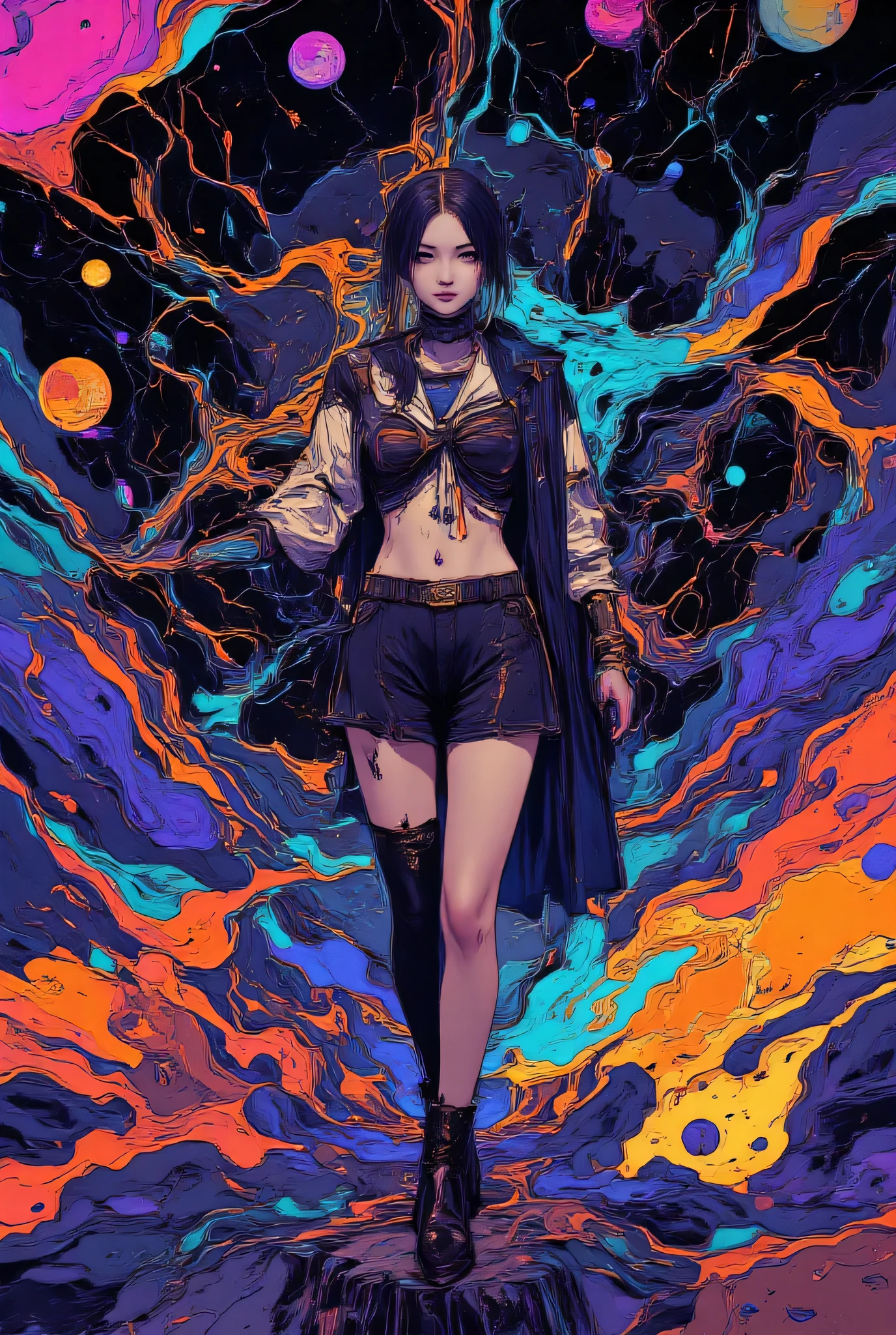 black metal、abstract geometric shapes, colorful shiny viscous liquid、セーラーユニフォームを着たサイケな女子高生、