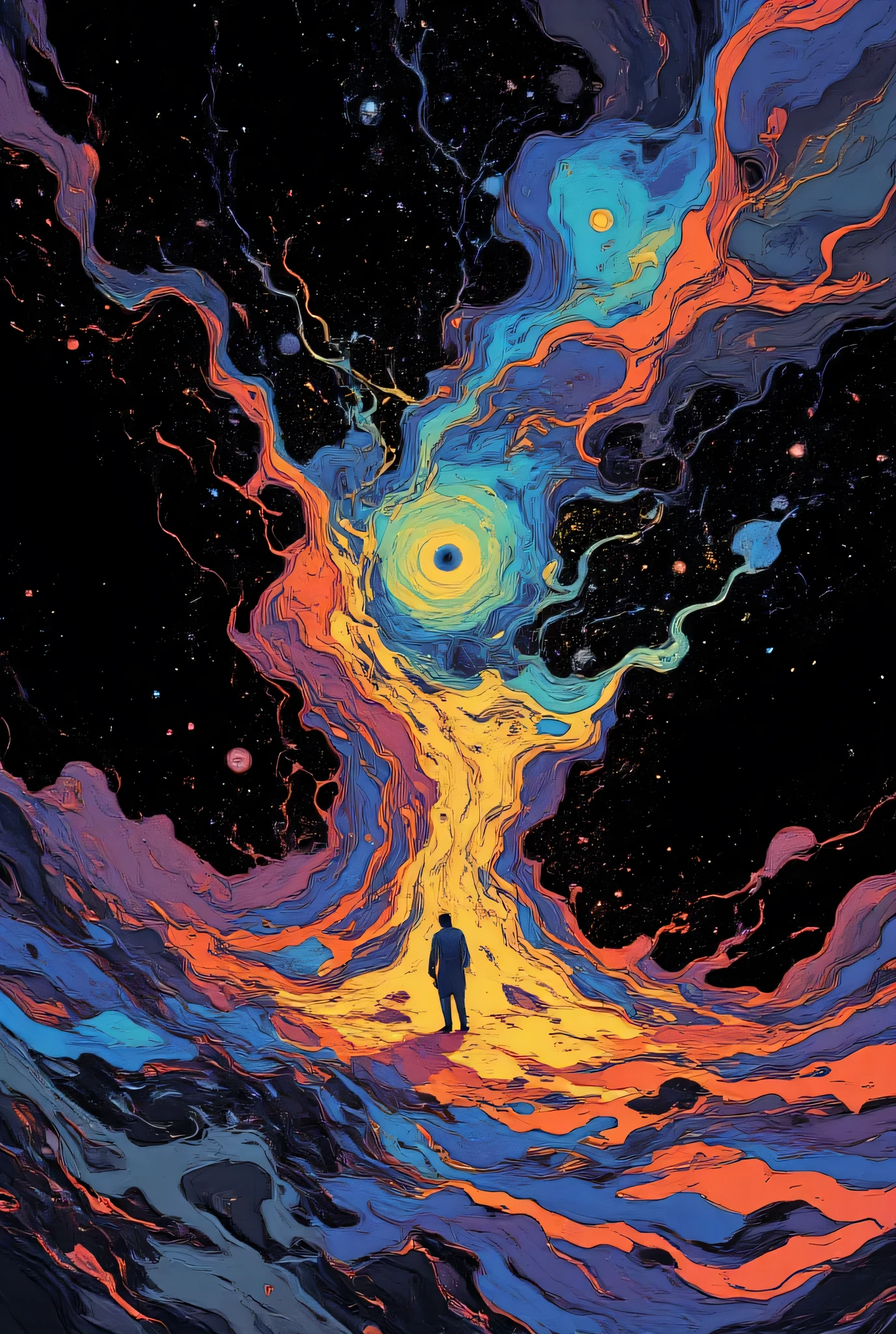 black metal、abstract geometric shapes, colorful shiny viscous liquid、Maria Pastel Tone, Star of the Sky, Zentangle scenery, Earth and Space Harmony、MI/31 Atlas Comet、Supernova、detailed description、ultra high definition、