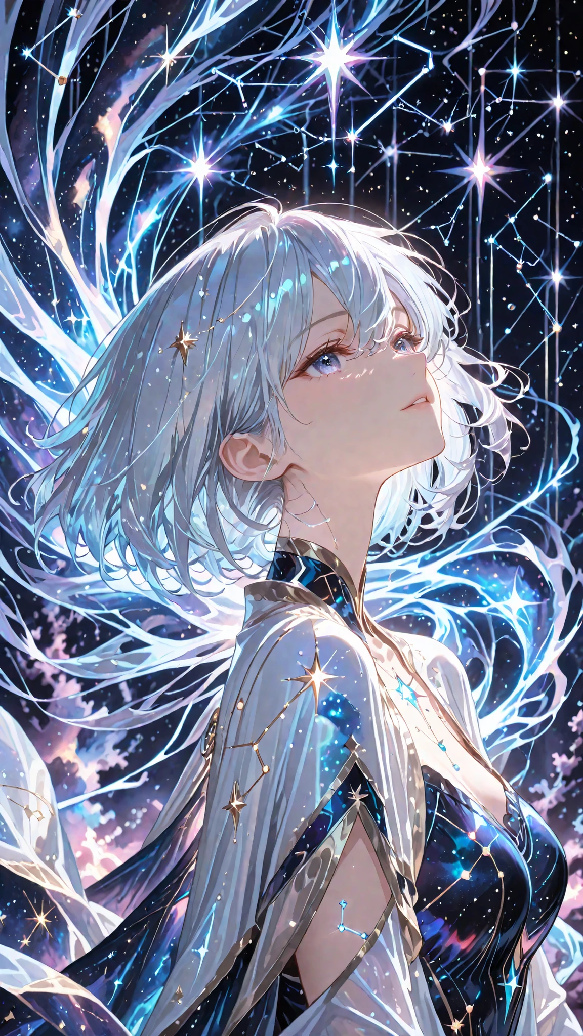 (masterpiece, Highest Quality, super detailed, HDR, 8k, cinematic lighting, upper body), (Raise your jaw、 sink)
One ethereal anime girl、is surrounded by shining constellation lines and star fragments,
sparkling cosmic aura around her body, shimmering silver hair reflecting starlight,
Heavenly Eyes Filled with Galaxies, Soft and Glowing Skin ,
(delicate anime details:1.1), (Constellation Patterns Floating in the Background:1.2),
Flowing cosmic cloth similar to the night sky,
Graceful and dreamy pose, Gently Drifting Light Particles,
a magical atmosphere, Galaxy Sparkle , Divine beauty