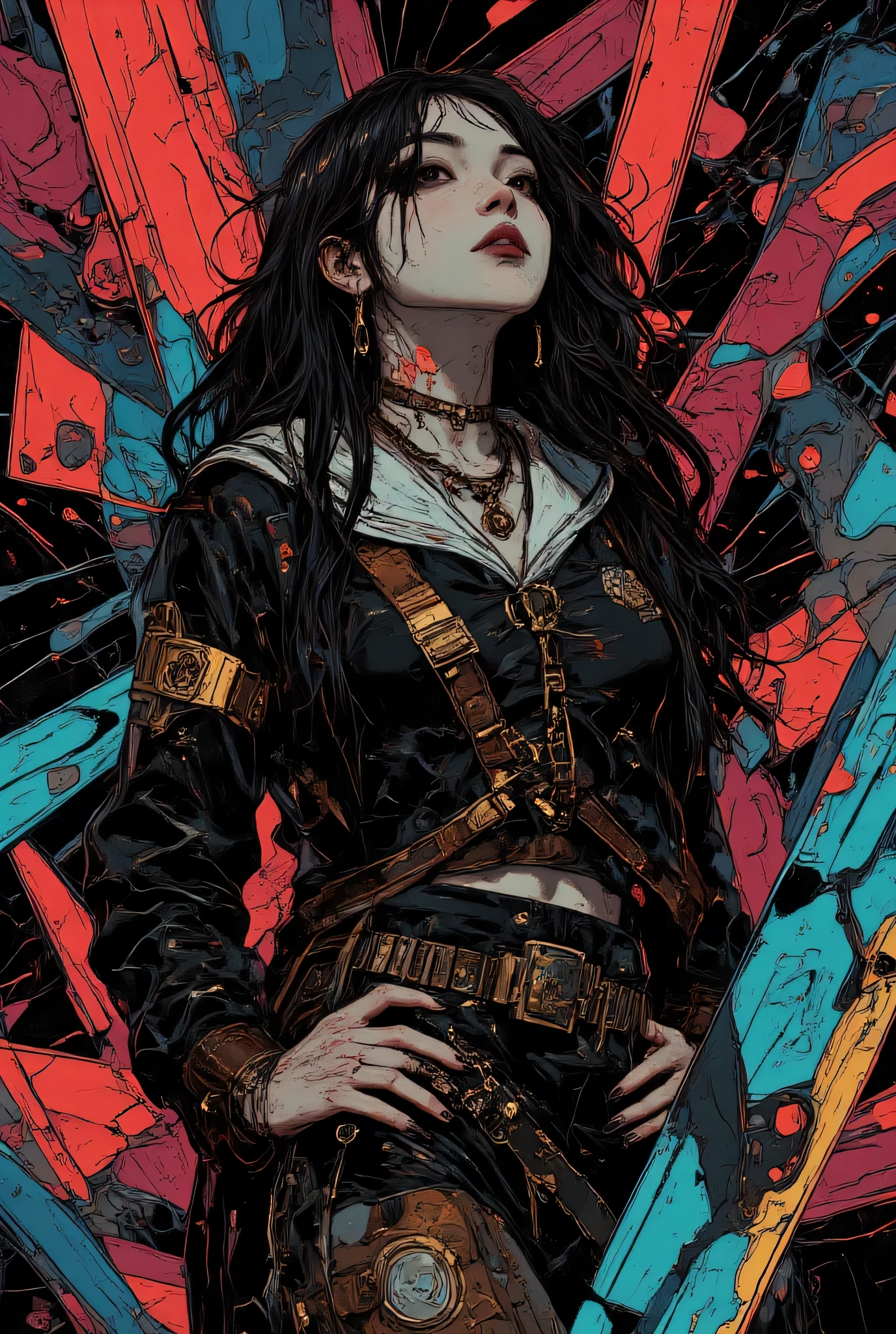 black metal、abstract geometric shapes, colorful shiny viscous liquid、black metal high school girl wearing sailor uniform、black metal face painting