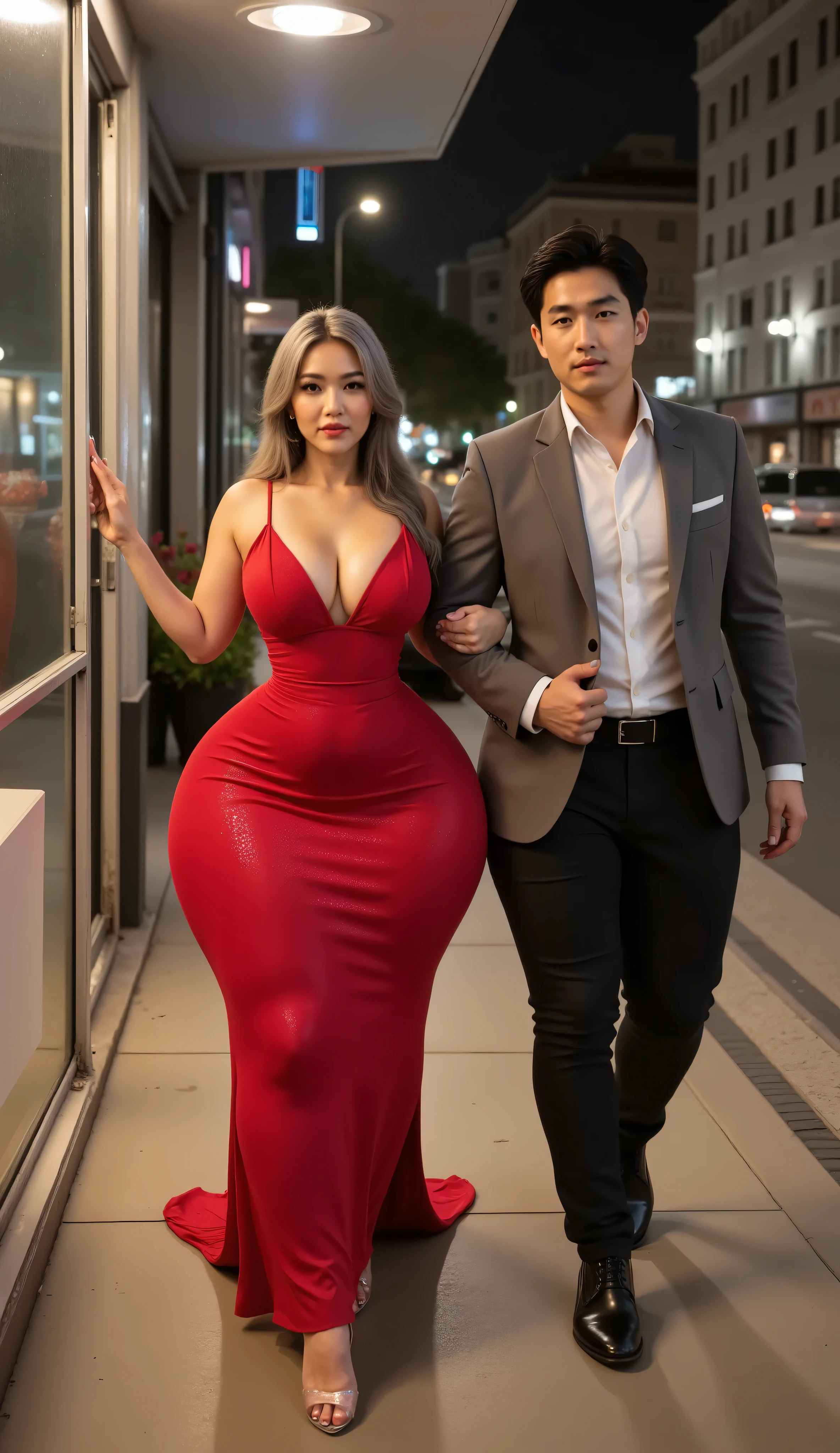 An Asian attractive mature woman with a provocative curvaceous body, is 60 years old and has a figure with prominent curves, a plump with perfect proportions curves, generous curves and plus-size, a body with an hourglass figure, her voluptuous wide hips harmonize with slender wasp waist, with wide legs and wide thighs well-shaped, and her butt in good shape, plump and shaped buttocks. She has characteristics typical of her age, slight wrinkles on her face and gray hair, long hair with an elegant vintage style hairstyle, has beautiful and fine facial features. She wear a revealing red sparkling gown and wears transparent glass heels. She is walking on the trotoar in the city at night time, she is a bride for her young skinny son 20 years old. her young skinny son in a casual suit and black hair, He is next to her, walking on the trotoar in the city at night time, look at camera, he holds her hand with passion. they was captured is a modern hyperrealistic cinematic style, captured on a full body overview, with hyperrealistic details and good focus quality.
