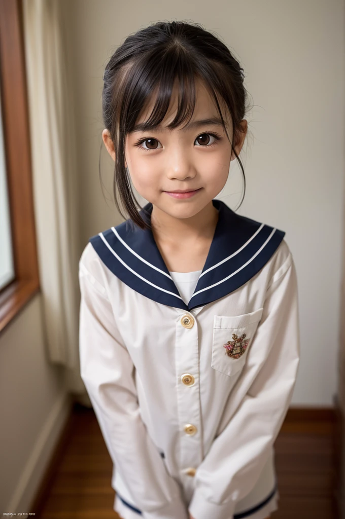 Highest quality、Realistic、、zoom、Primary school students、、look up、cute、Light grey eyes、Black Hair、short hair、Tanned brown skin、Dark Skin、White short sleeve shirt、Navy Blue Skirt、Flat Chest、Bust Shot、thin、bed