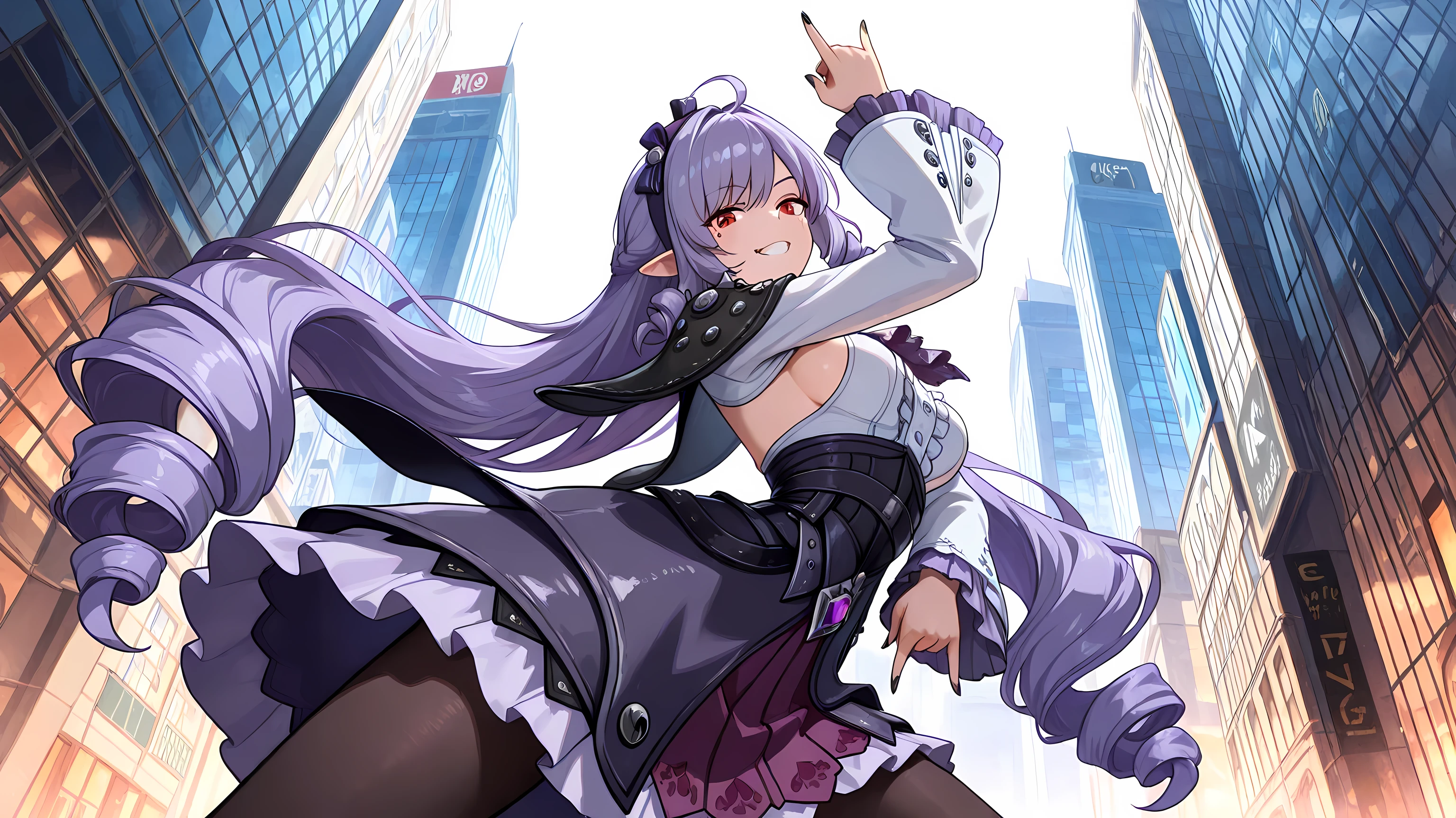 (masterpiece, detailed:1.2),748cmstyle,<lora:killer-queens-pose-illustriousxl-lora-nochekaiser:1>, killer queens pose, killer queens's pose (jojo), jojo pose, arm up, hand up, \n/, double \n/, arm down, hand down, grin, arched back, bent over, cowboy shot,black cape, shoulder cape, short cape, purple gemstone, multiple bows, purple bowtie, black bowtie, purple ascot, frilled ascot, white dress, frilled dress, pleated dress, center frills, sideboob cutout, long sleeves, wide sleeves, frilled sleeves, black corset, two-tone skirt, black skirt, purple skirt, frilled skirt, layered skirt, black pantyhose,vivian (zenless zone zero), red eyes, mole, mole under eye, purple hair, very long hair, drill hair, ahoge, pointy ears, two-tone hairband, black hairband, purple hairband, purple hair bow, black nails, fingernails, nail polish, full body, in citysquare, high building, asphalt, zebracross, view from below,