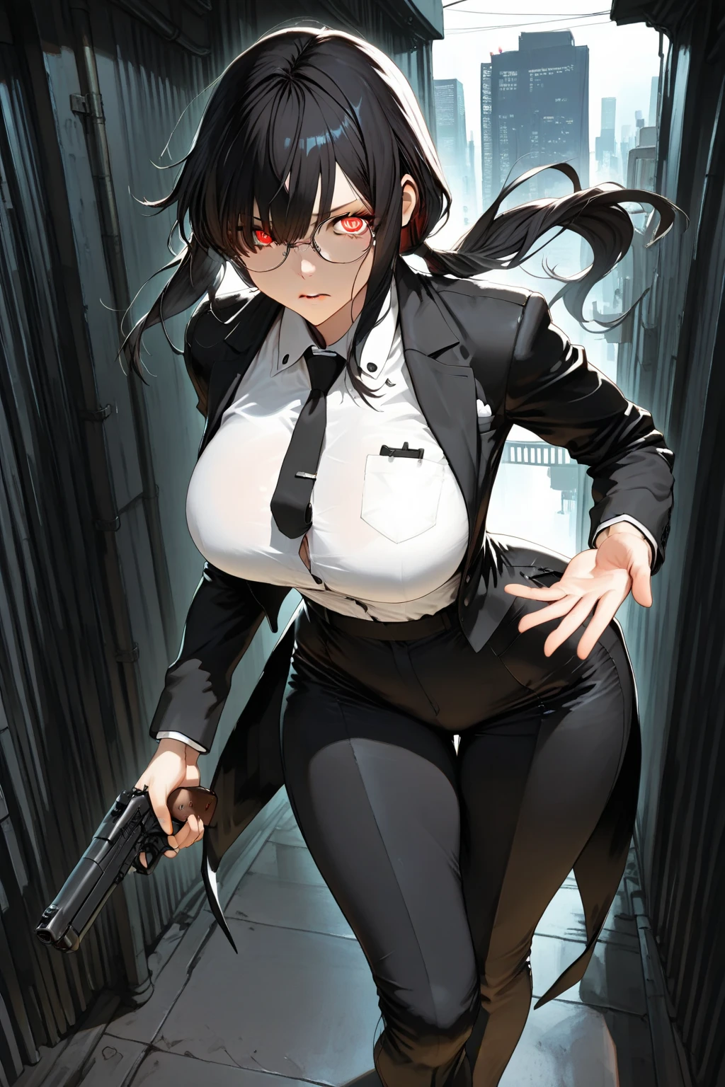 1girll，Black color hair，Twist braids，Qi bangs，red pupils，Round glasses，beauitful face，crisp breasts，Convex buttocks，in a white shirt，red necktie，Black suit，White heels，There are floating missile-launching weapons on the sides of the body，sci-fy，cyber punk perssonage，perfectly proportioned, Cinematic lighting, filmgrain, Fuji colors, lightand shade contrast, 8K, 巨作, Textured skin, Super detail, high detal, High quality, A high resolution,